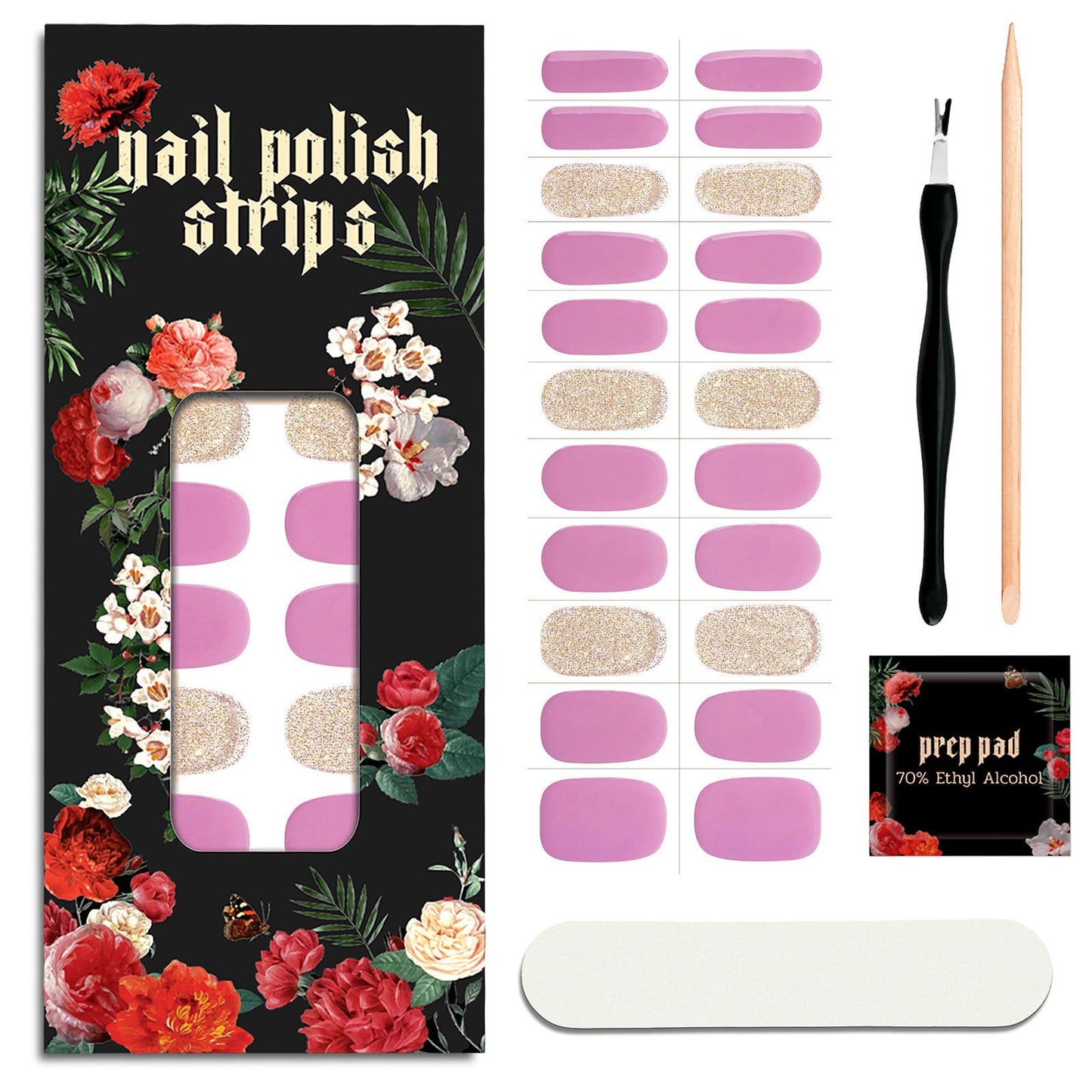 ruyeefam Nail Polish Strips (No UV Lamp Needed) - 22 Pcs Salon Quality Gel Nail Stickers - Long Lasting Wraps (Berry Gold Glitter)