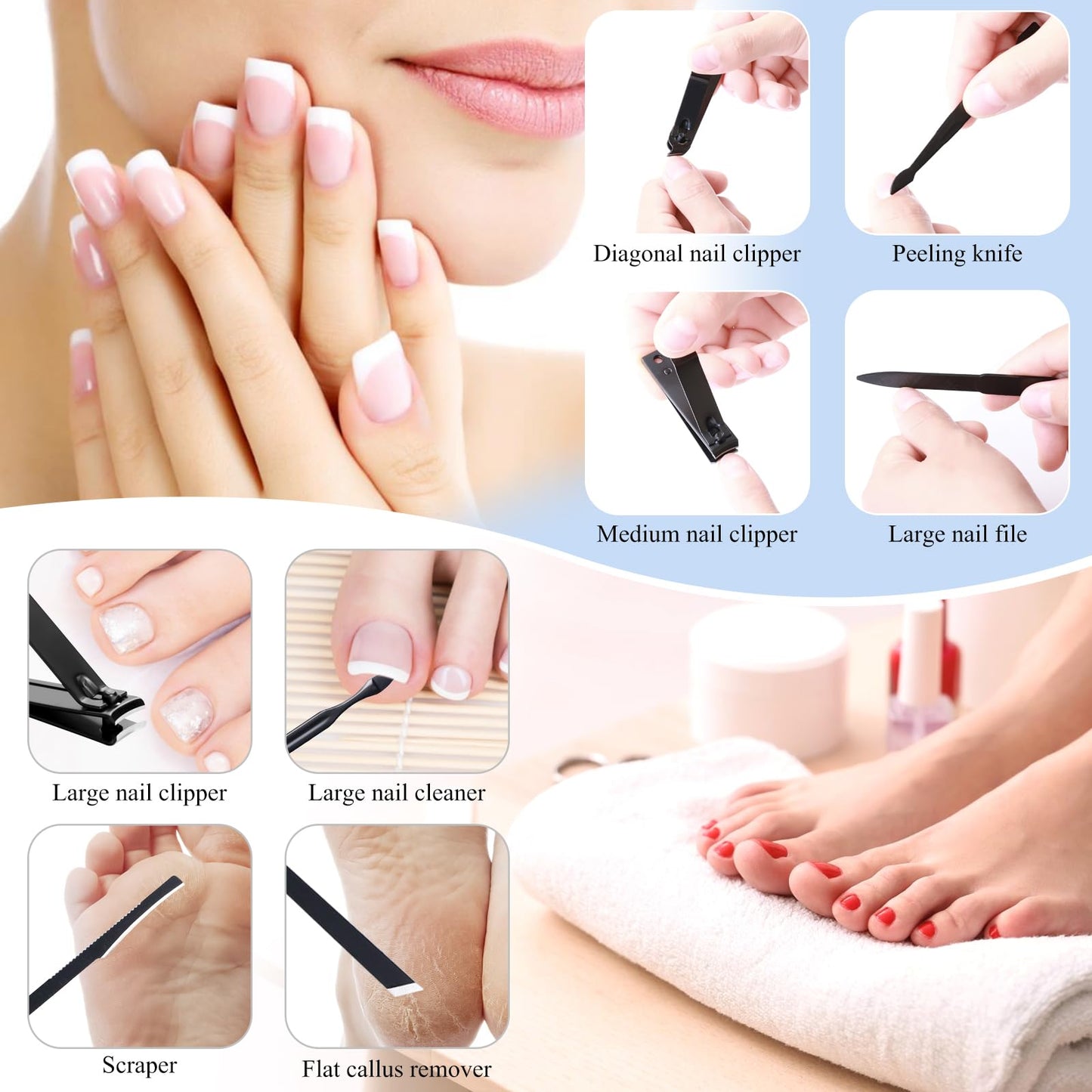 Manicure Pedicure Kit Nail Clippers Set Fingernails & Toenails Vibrissac Scissor 5 Pieces Best Care Tools for Man & Women with Travel Case (Gray/Black_A) (Dark 15 Pieces)