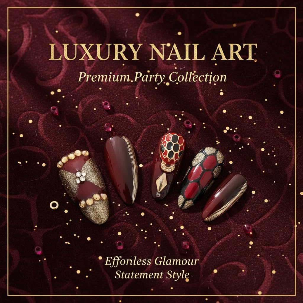 Tesytto Dark Red Press on Nails Medium Almond - Luxury 3D Snake Charm Handmade Design, Gothic Rhinestone Glossy Reusable Fake Nails (Red Flame,M)