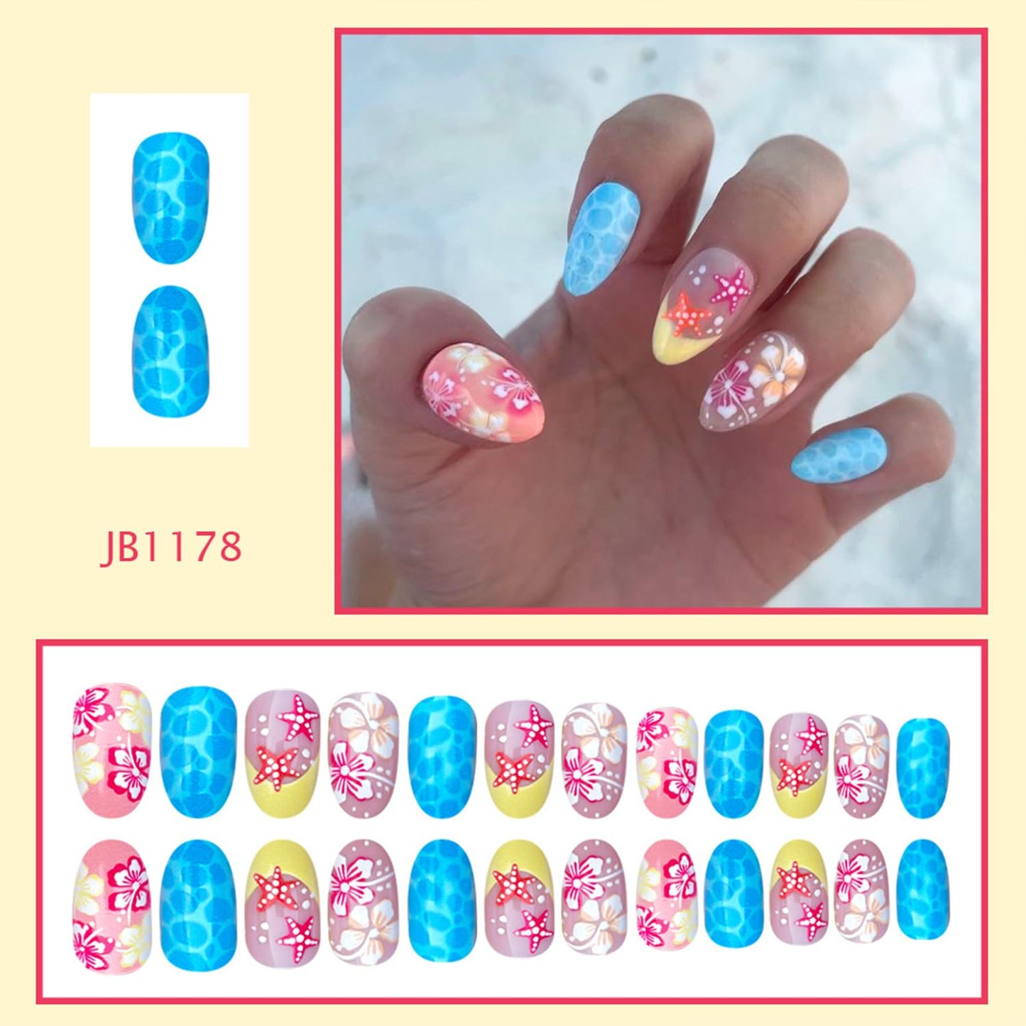 Summer Ocean Press on Nails French Tip Medium Almond False Nails with Starfish Flower Design Full Cover Glue on Nail Summer Reusable Acrylic Fake Nails Glossy Artificial Stick on Nail for Women