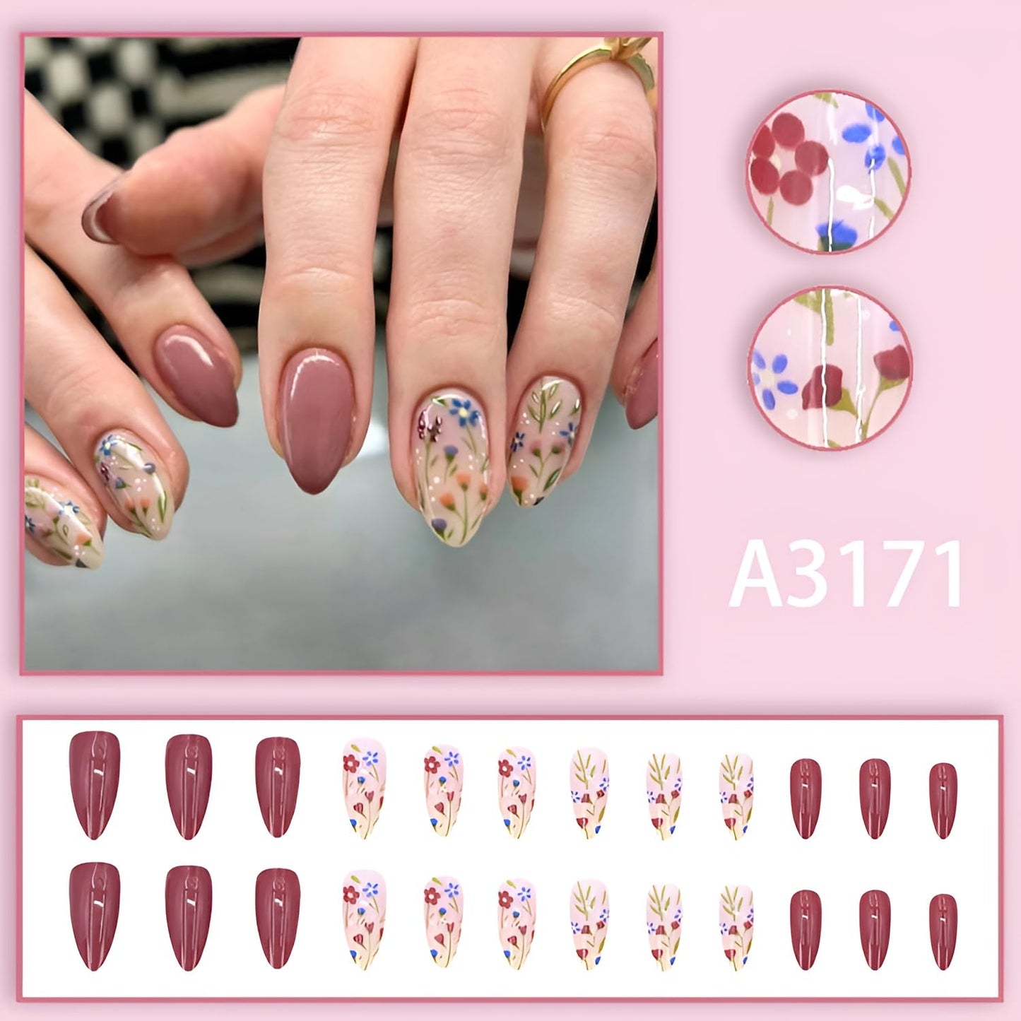 6 Packs（144Pcs）Flower Press on Nails Short Almond Fake Nails with Flower Design Summer Spring Nails Press ons Acrylic Nails Glossy Glue on Nails Full Cover Stick on Nails for Women Girls