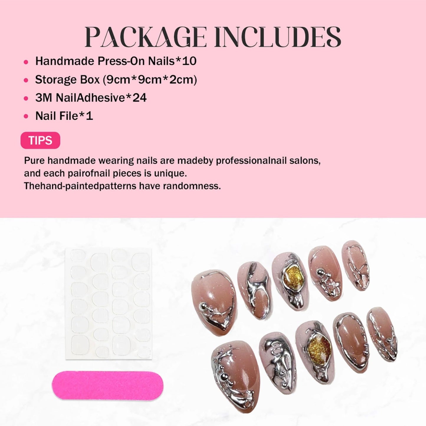Qicaijia 10Pcs (Size M) Short Almond Handmade Press On Nails - Luxury Brown Ombre Cat’s Eye Fake Nails with Metal Y2K Designs for Women’s Manicure