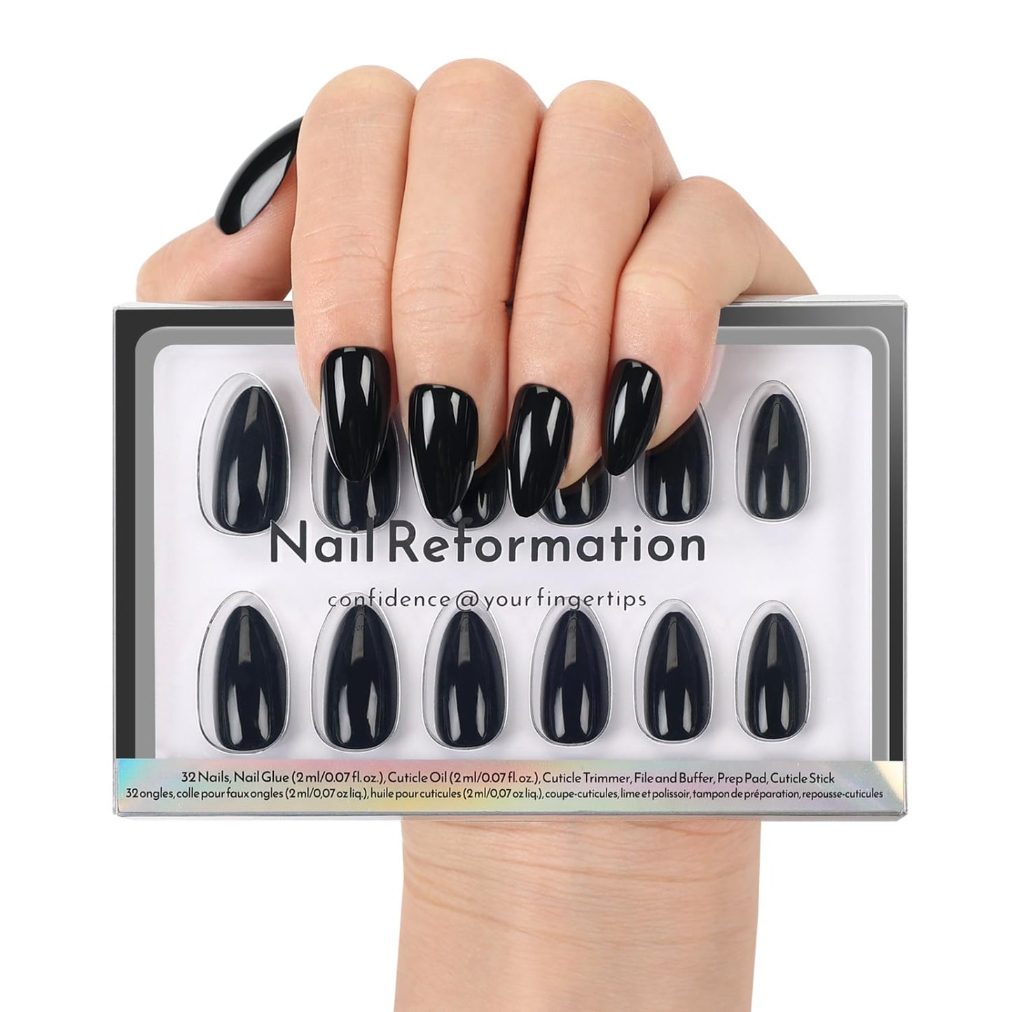 Nail Reformation Press On Nails, Classic Noir | Black Short Almond Fake Nails in Glossy Finish, Salon Quality, Natural Reusable Stick On Nails in 16 Sizes - 32 Nail Kit with Glue, Gifts for Women