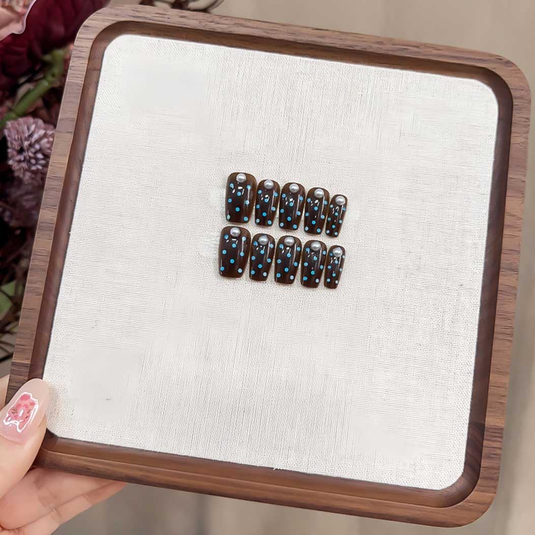 RikView Square Press on Nails Medium Fake Nails Dark Brown Nails with Polka Dots Design Glossy Full Cover Nails for Women 30 PCs/Set