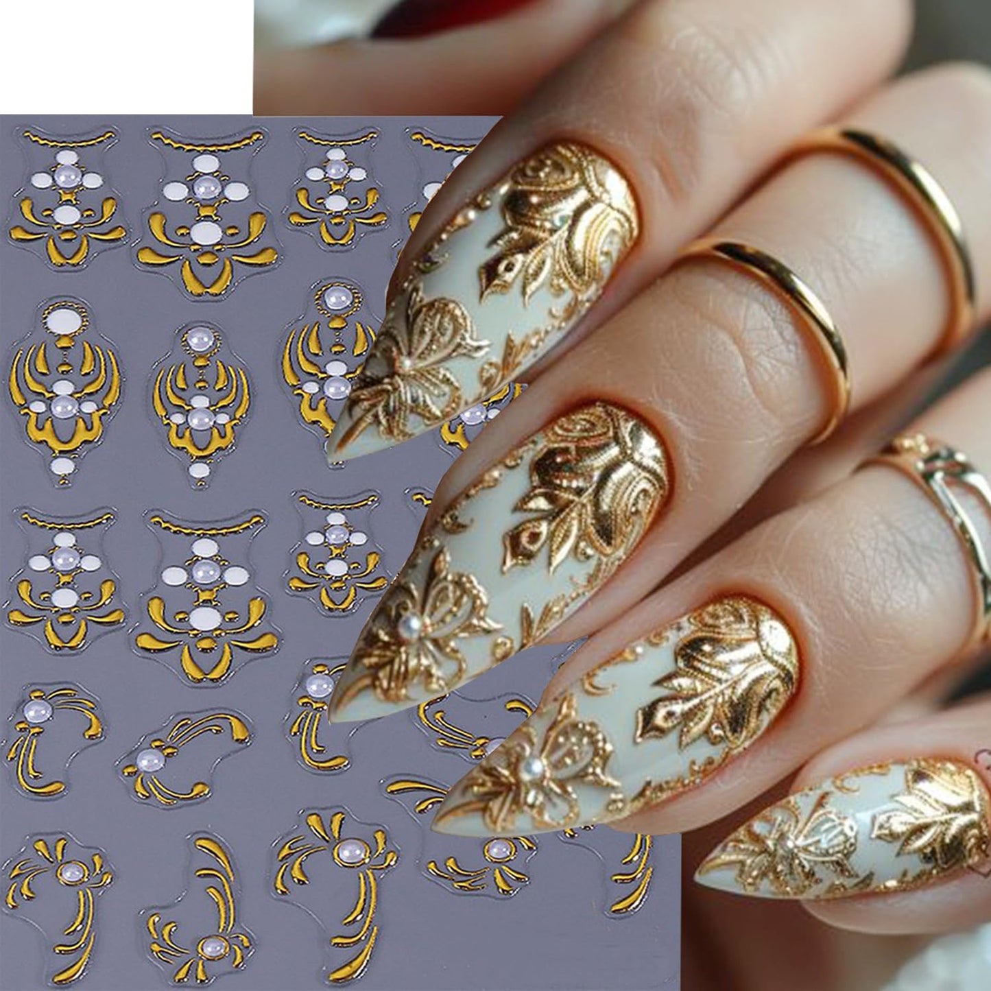 2 Sheets Gold Nail Art Stickers Golden Flower with Pearl Nails Stickers 5D Relief Self -Adhesive Gold Totem with Pearl Nail Decals Holographic Stereo French Nail Decoration for Women DIY Manicure