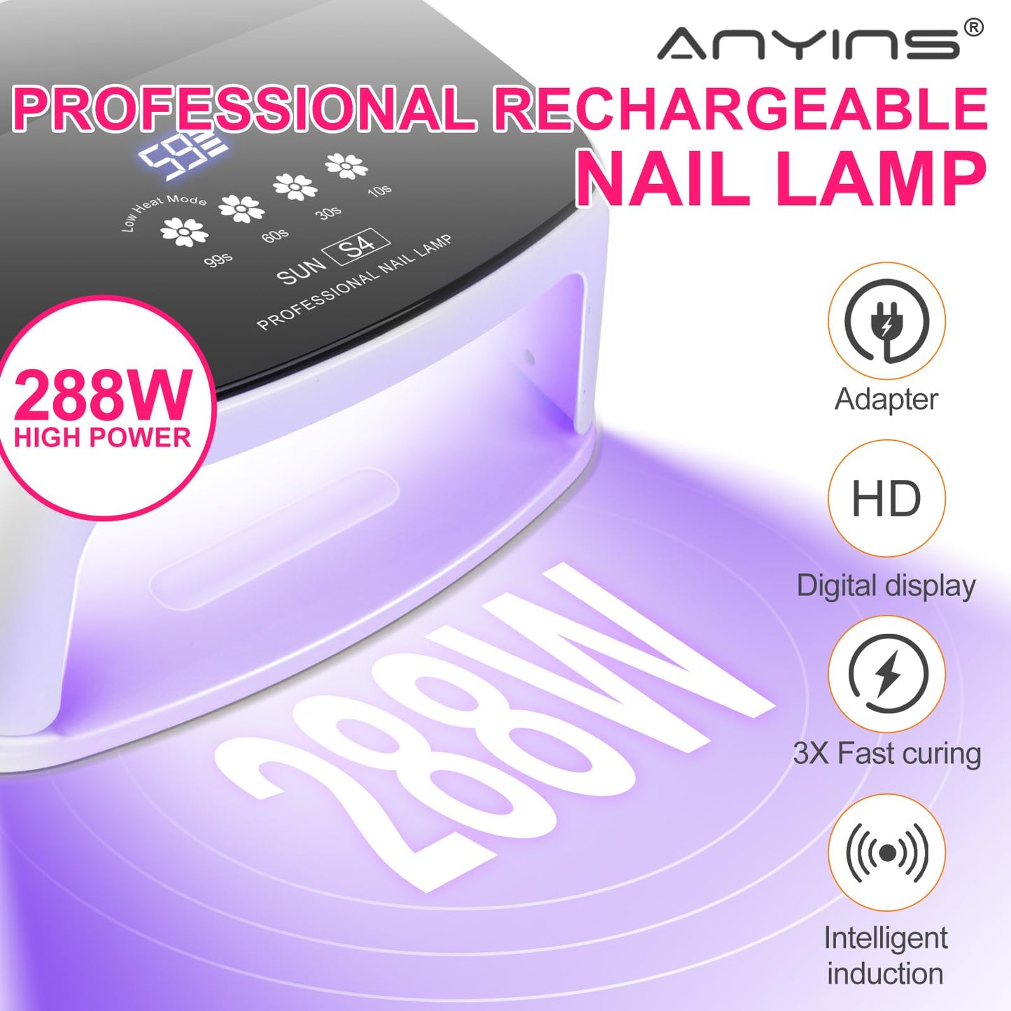 ANYINS UV Nail Lamp, 288W 8 Hours Super Long-Lasting 15600mAh Professional Cordless UV LED Lamp for Nails 66Pcs Lamp Beads Automatic Sensor Gel Nail uv Light for Nail Art at Home and in Salons Pink