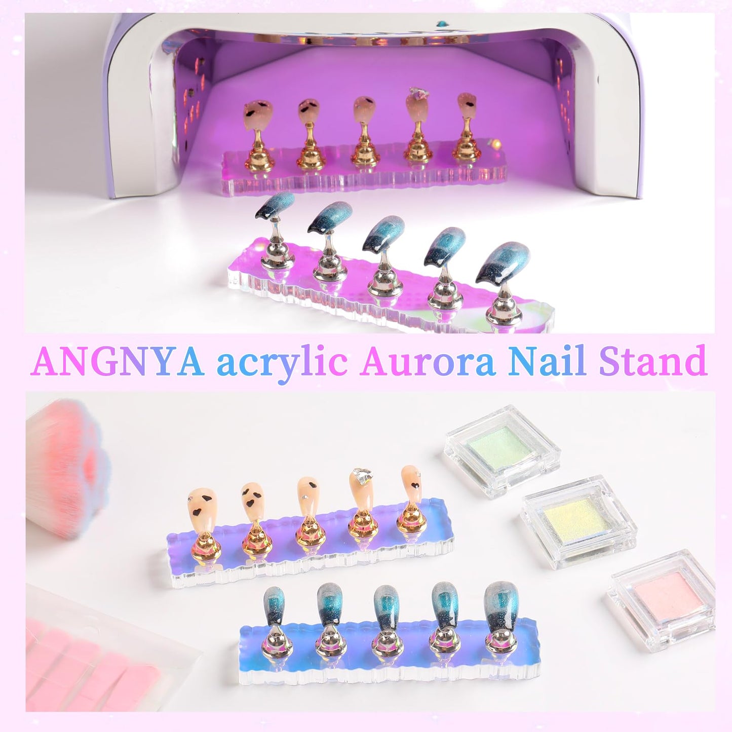 ANGNYA 2 Set Nail Stand, Aurora Nail Holder for Painting Nail Stand for Press on with 96 Pcs Removable Mounting Tapes Nail Display Stand Nail Hand Practice Magnetic Nail Art Tools for Homes and Salons