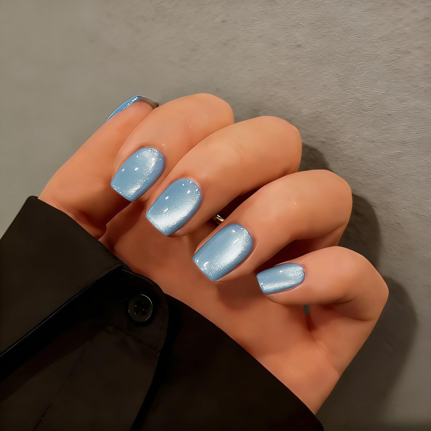 KQueenest Cat Eye Press On Nails Short - Light Blue Press On Nails Square, 30 Pcs 15 Sizes Sparkly Glitter Fake Nails Press ons, Thick Quality, Reusable Small Baby Blue Glue on Nail for Women Summer