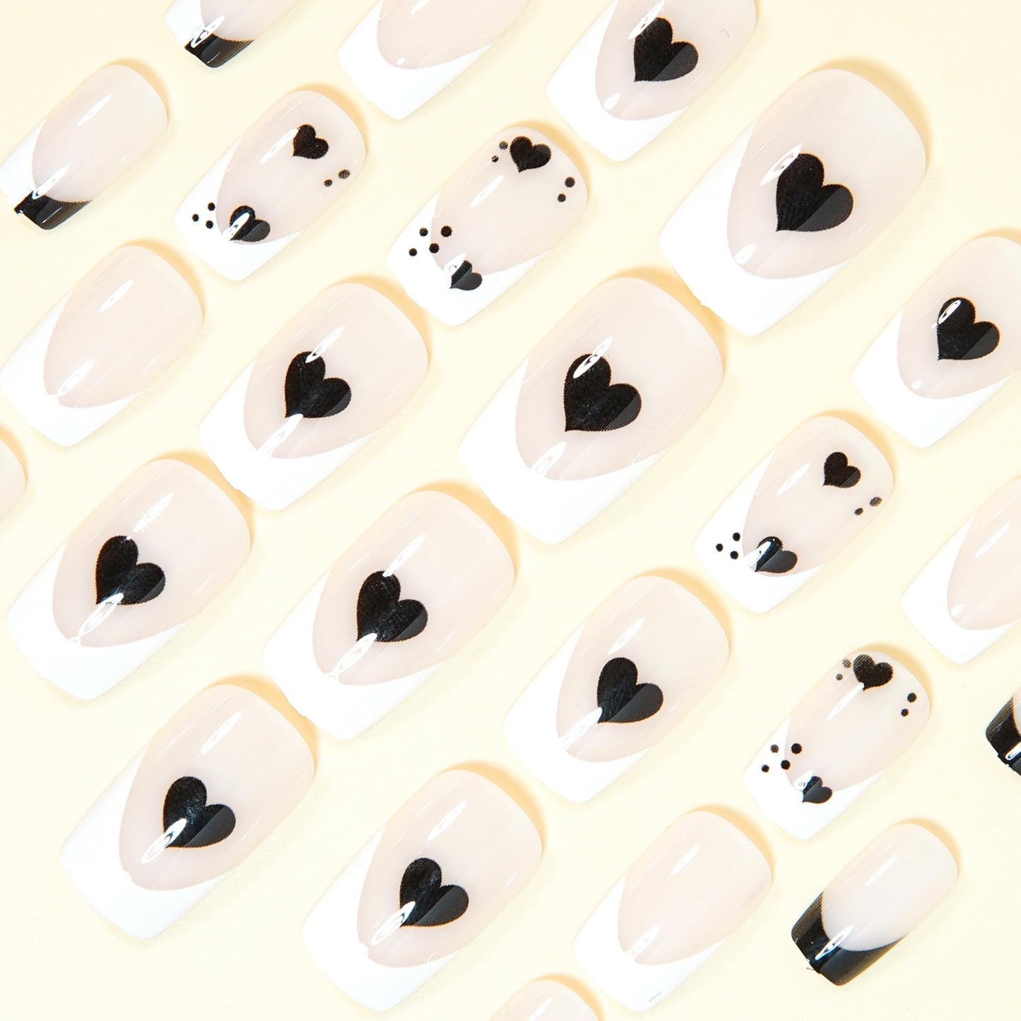 CTTHNBD Press on Nails Medium - Square Fake Nails with Black Heart Design - White French Tip False Nails - for Women 24 Pcs