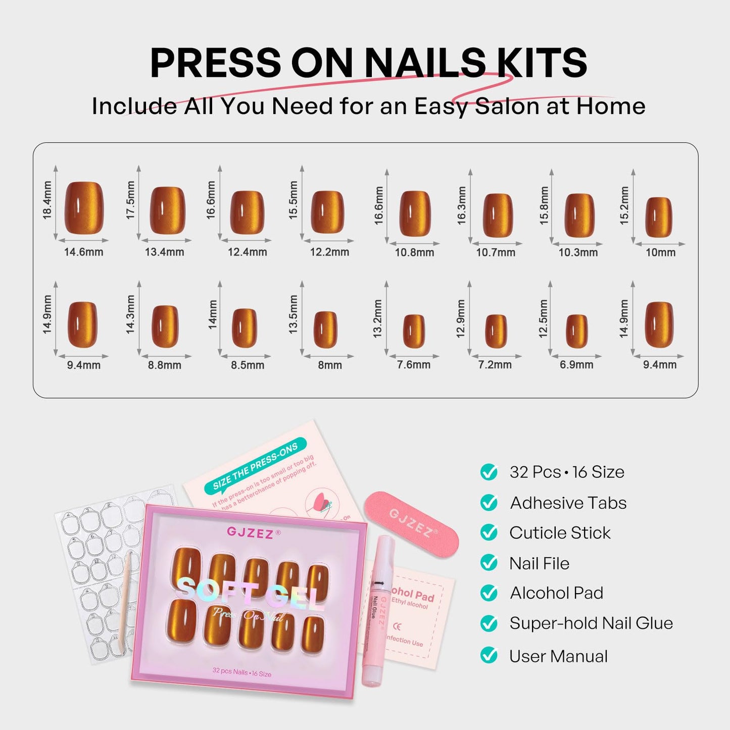 Burnt Orange Cat Eye Press On Nails Short- GJZEZ Amber Yellow Light Brown Soft Gel Square Cateye Glass Fake Nails Press Ons Gifts for Women | 16 Sizes - 32 pcs Reusable Salon Quality Faux Nail, Ginger