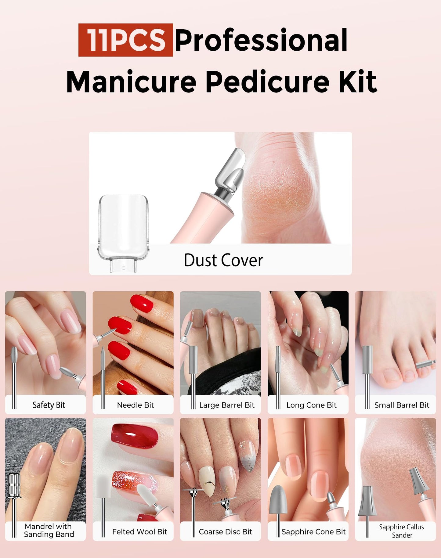 Cordless Nail Drill Electric Nail File, 10-in-1 Manicure Pedicure Kit Nail Grinder Set, 14000 RPM Rechargeable Acrylic Nail Tool, 10 Speeds LED Light LCD Display for Human, Toenails, Home(Pink)