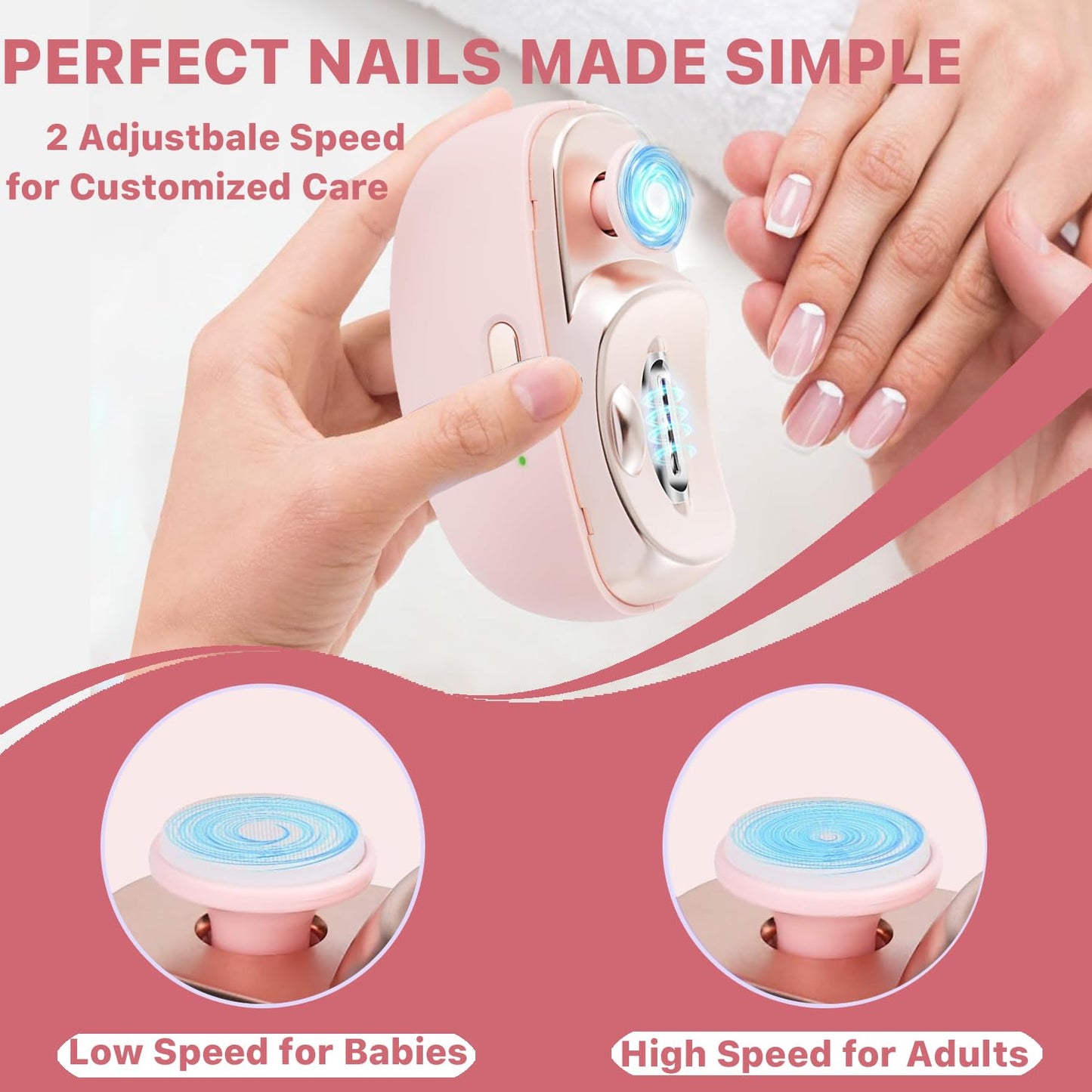 Electric Nail Clipper, Electric Nail Clippers for Seniors, 2026 2 in 1 Multifunctional Electric Nail Trimmer for Adults，Kids with Polishing and 2 Speeds (Pink)