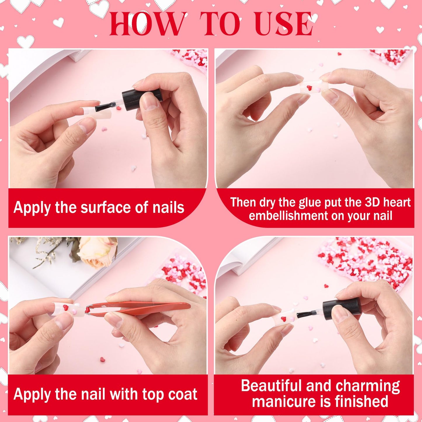 600pcs Valentine Heart Nail Charms and Gems Mini Pink Heart Charms for Nail Red White 3D Resin Rhinestones Love Accessories Half Cover Cute Supplies for Galentines Day Women DIY Decor