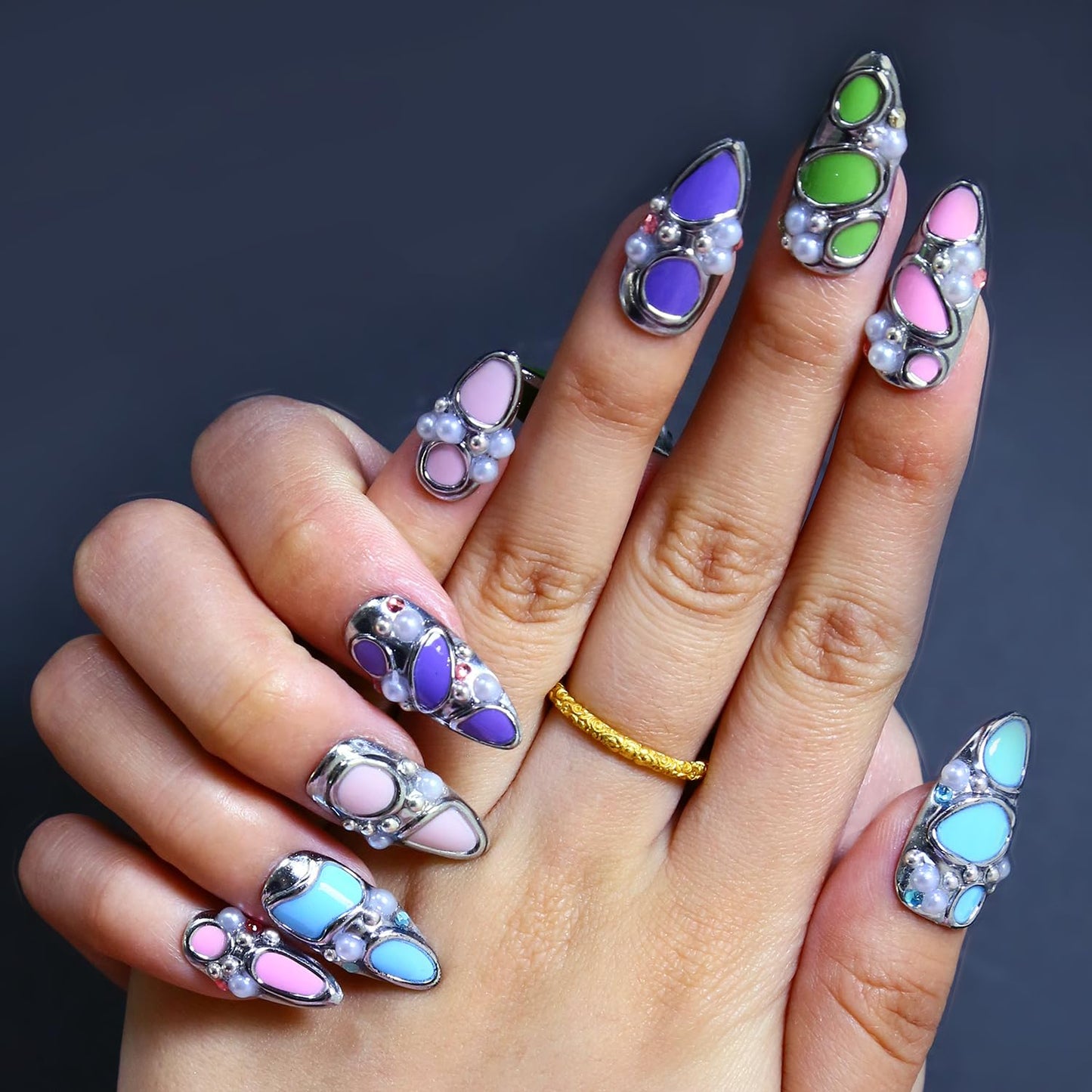 MXYIYANR Almond Press on Nails Medium Fake Nails 3D Art False Nails with Design Full Cover Fake Fingernails Glossy Acrylic Stick on Artificial Nails for Women Manicure 10 Pcs (M)