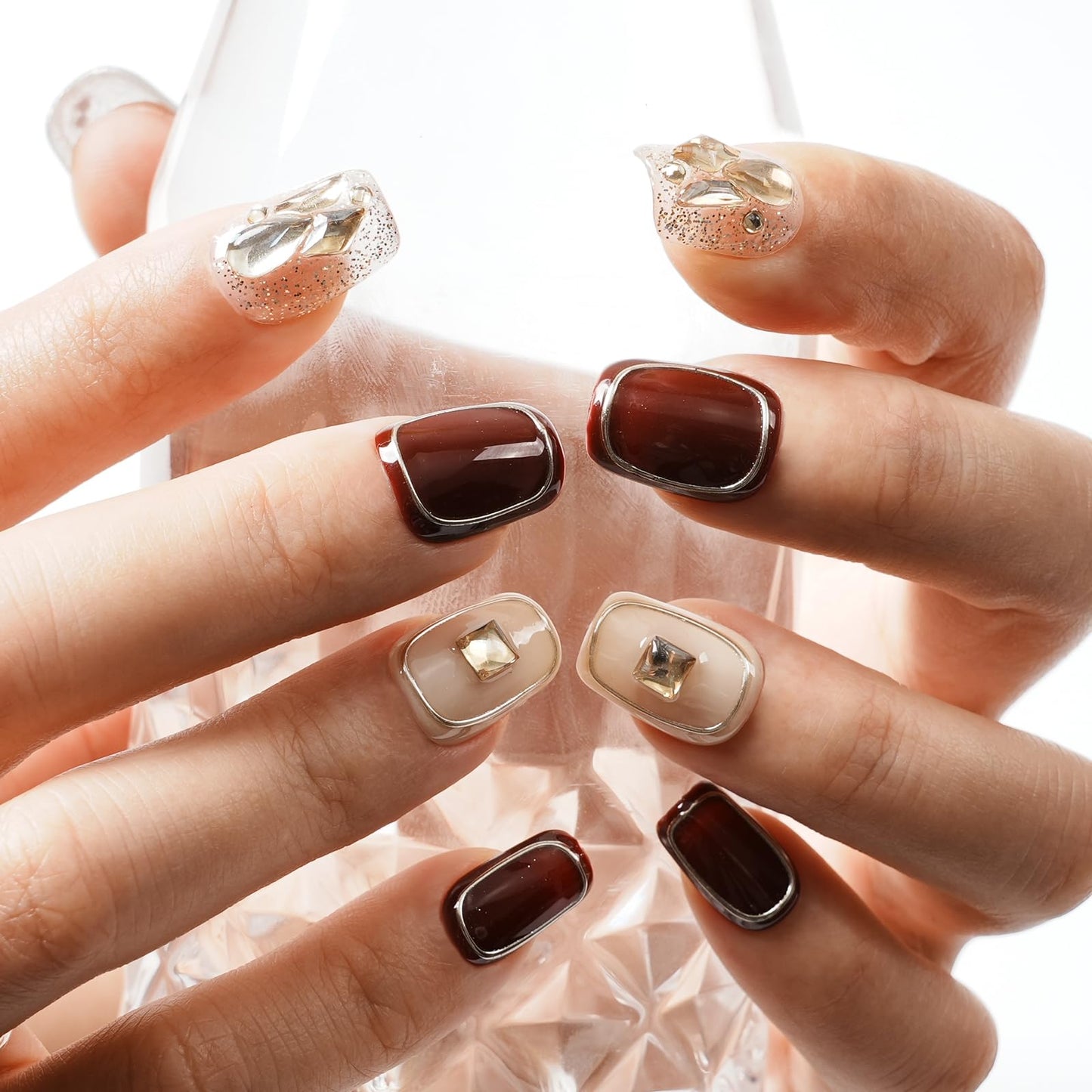 Tesytto Handmade 3D Press On Nails Short Coffin,New Year Valentine False Nails Burgundy Silver Glitter with Geometric Line Art & Hand-Set Rhinestones - 10Pcs Luxury Design (Fiery Red Lips,S)