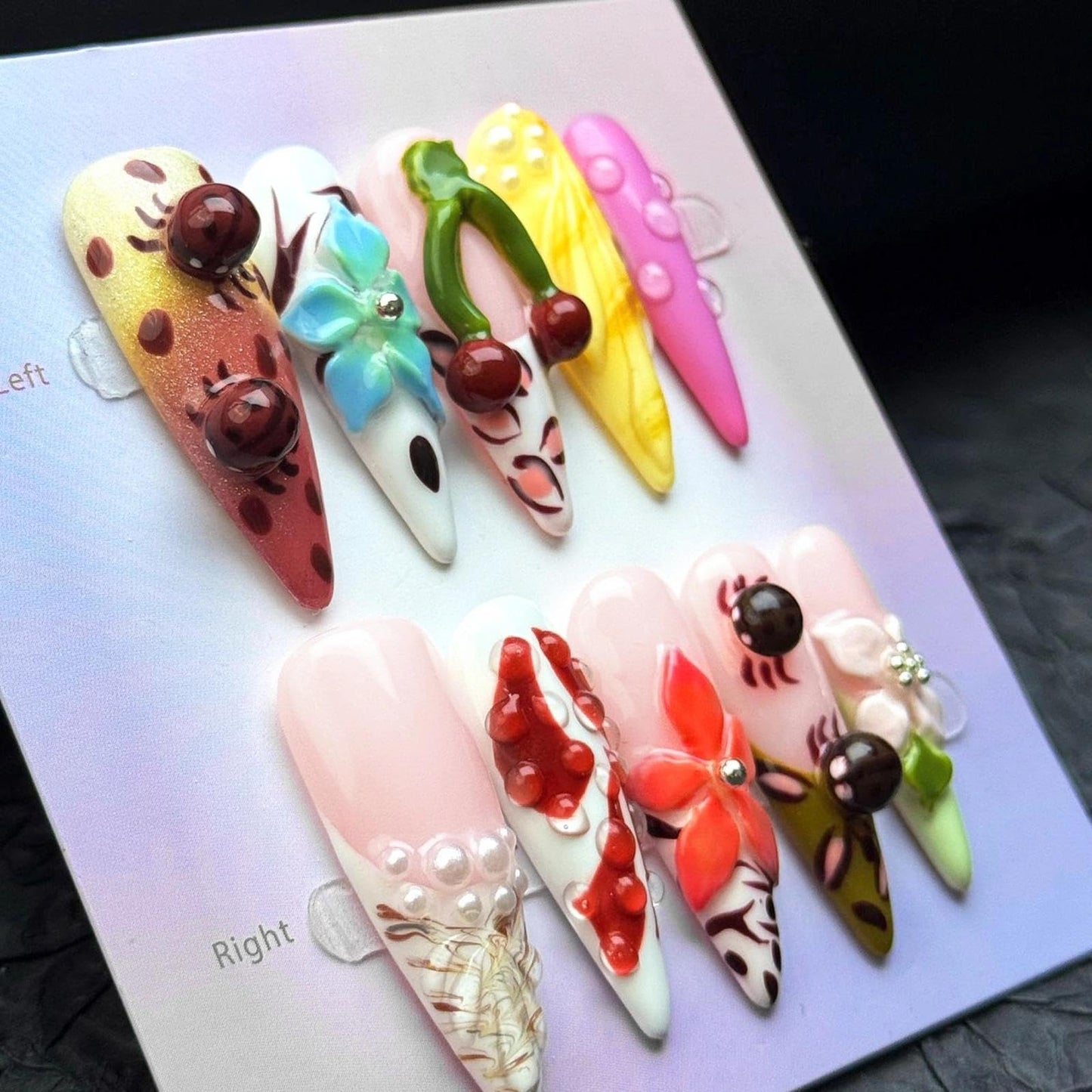 Handmade 3D Sweet Retro 3D Floral Stiletto Press On Nails, Playful Colorful Rhinestone Artisan Nails Set, Reusable Glossy Press-ons with Tool Kit(M)