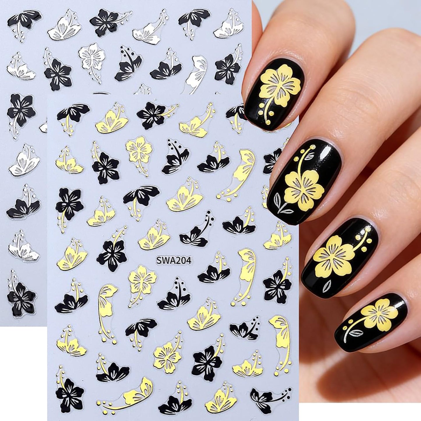 6 Sheets Flower Nail Art Stickers 3D Self -Adhesive Hibiscus Nail Decals Holographic Gold Silver Black Hibiscus Floral Nails Stickers for Women Spring Summer Acrylic Nails Decoration Supplies