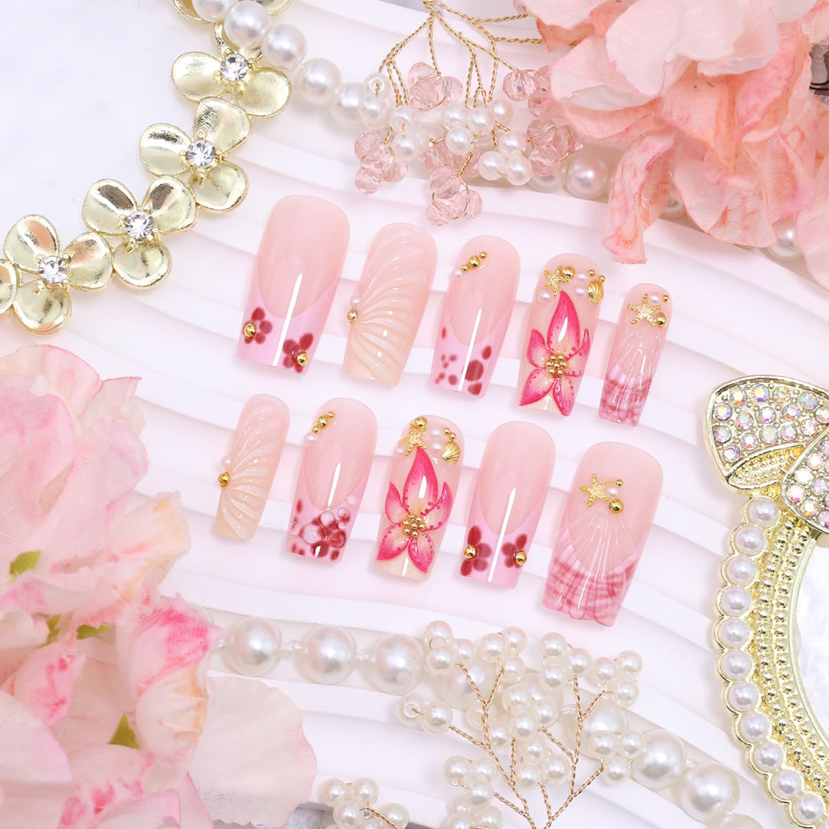 24Pcs Spring Summer Press on Nails Long Square Fake Nails 3D Pink Flower with Rhinestones Designs Gold Starfish Seashell Beach Glue on Nails Acrylic French Tip False Nails Stick on Nail for Women