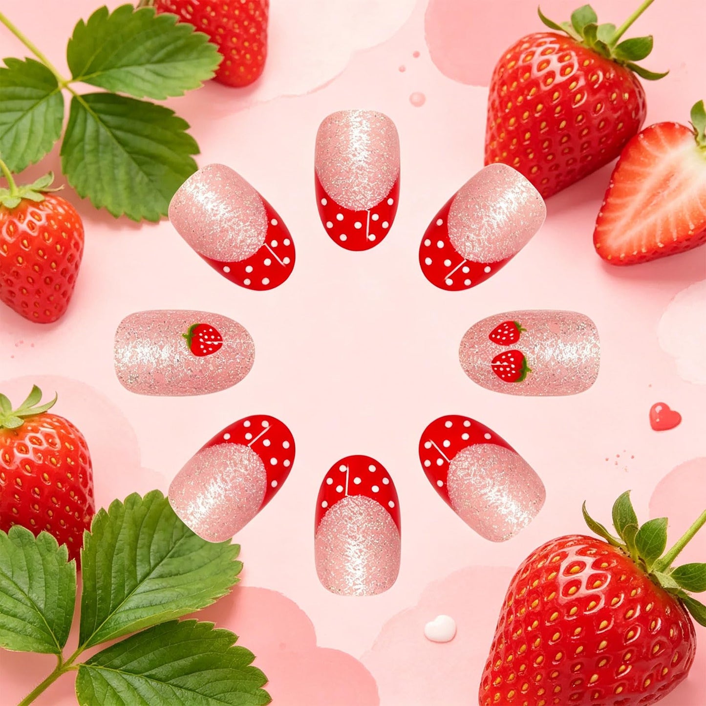 Strawberry Press on Nails Red French Tips False Nails with Fruit Design Medium Oval Fake Nail Glossy Silver Glitter Glue on Nail White Polka Dots Stick on Fingernails for Women Summer Daily Wear