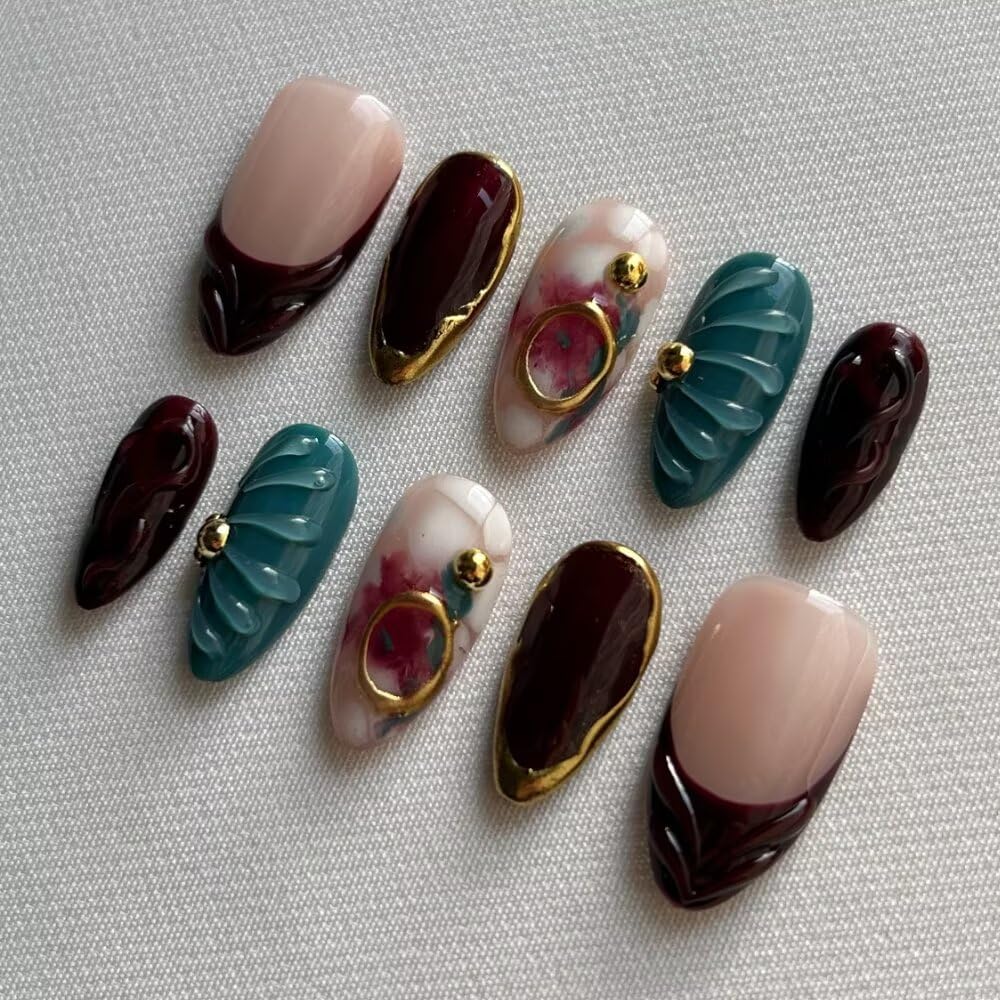 MAGLFELL Fall Press On Nails - Handmade GEL Medium Length Almond Fake Nails, Brown Rendering Painting Design, Reusable Artificial Almond False Nails for Women 10 Pcs Acrylic Nails Kit (Size S)
