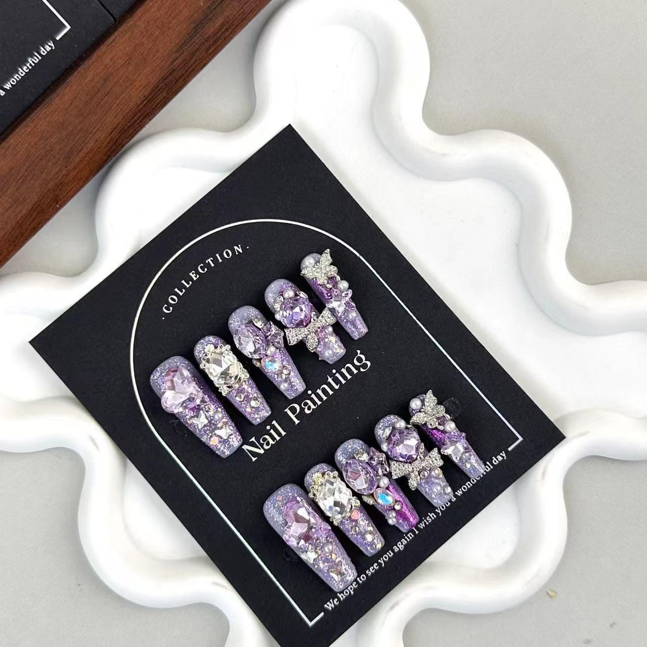 100% 5D Handmade Press on Nails Diamond Long Coffin Nails Press ons Purple Glitter False Nails Rhinestone Silver Butterfly Charms Press on Nails for Women Girls Daily Wear DIY Manicure Size M