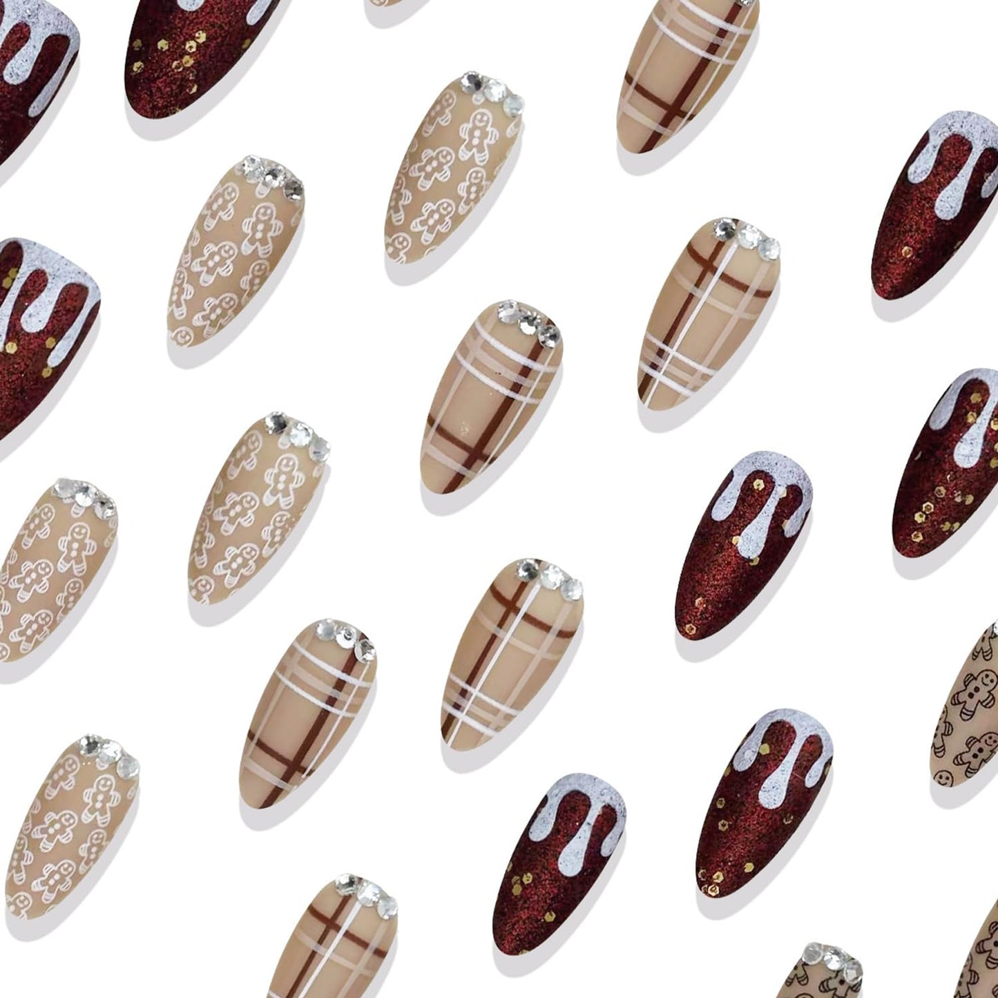 30Pcs Christmas Press on Nails Almond Fake Nails 3D Rhinestones Glitter Design Coffee-colored Striped Snowman Press on Xmas False Nails Cute Gingerbread Stick on Brown Plaid DIY Nails for Women