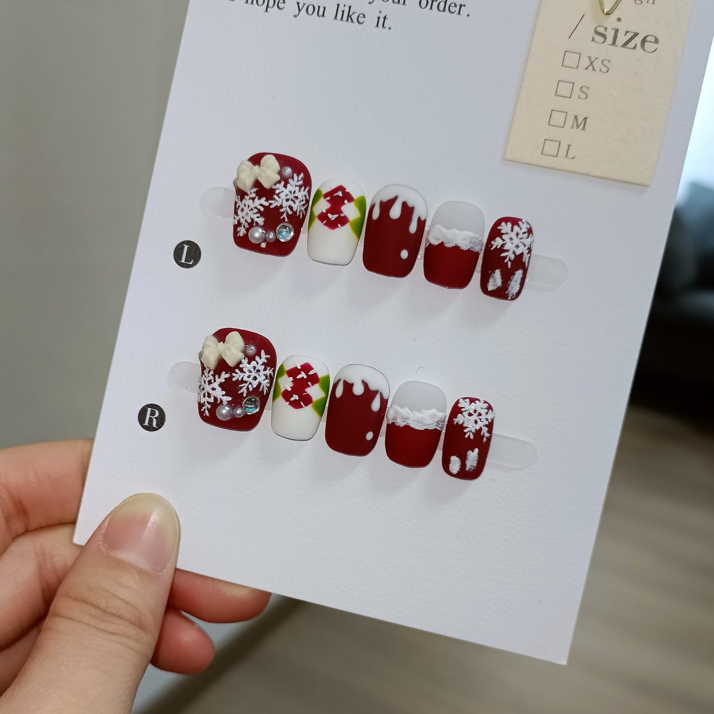 TENPAL Squoval Press on Nails -Acrylic Red Velvet Matte with Pearl Plaid & Snowfall Design | Handmade Winter Elegant Fake Nails with Tools | Christmas Party Gift Set(L)