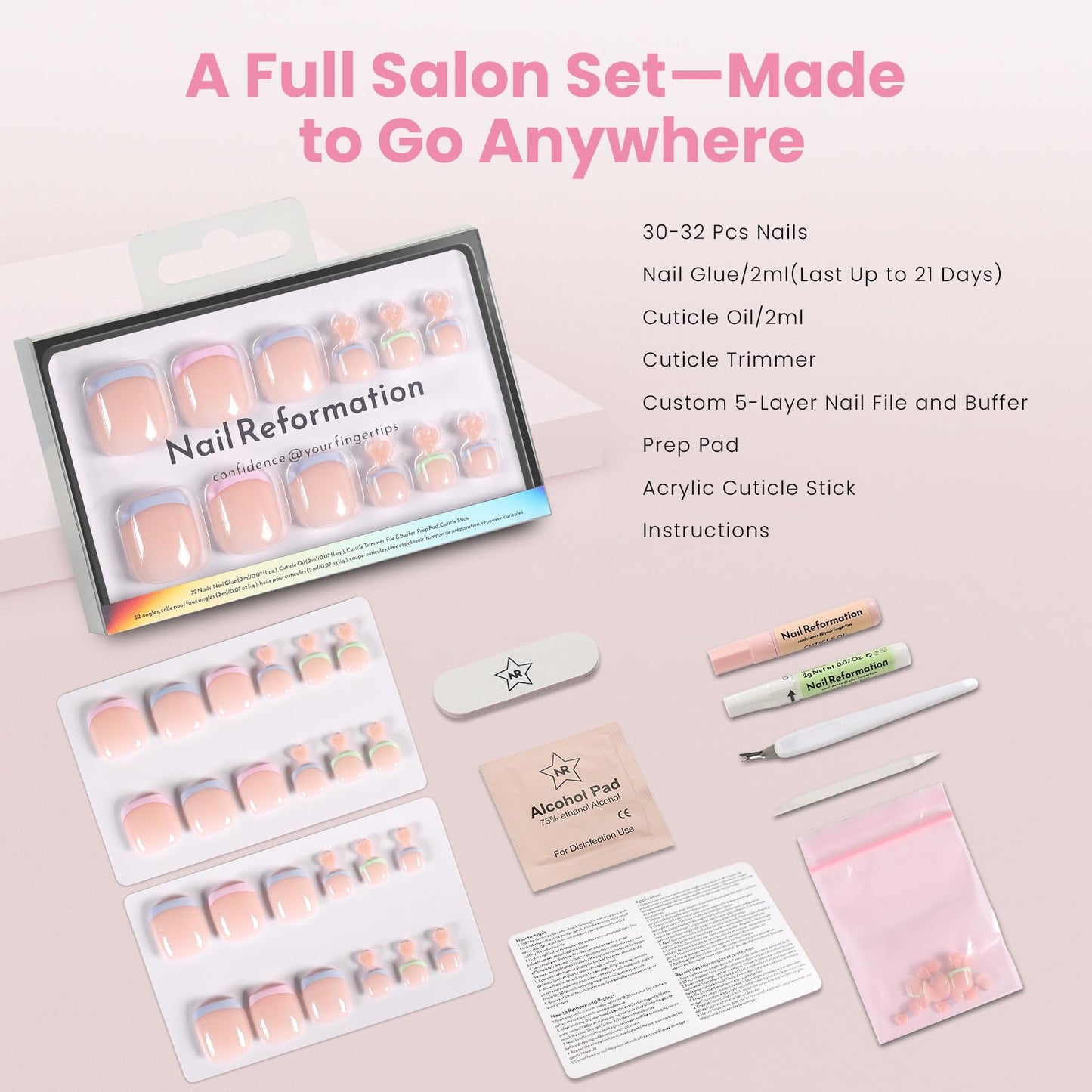 Nail Reformation Press On Toenails, Natural Nude Short Square Fake Toe Nails with Lavender Sky Blue Mint Green French Tip, Reusable Summer Toe Nail Kit - 32 Pcs / 16 Sizes with Glue, Gifts for Women
