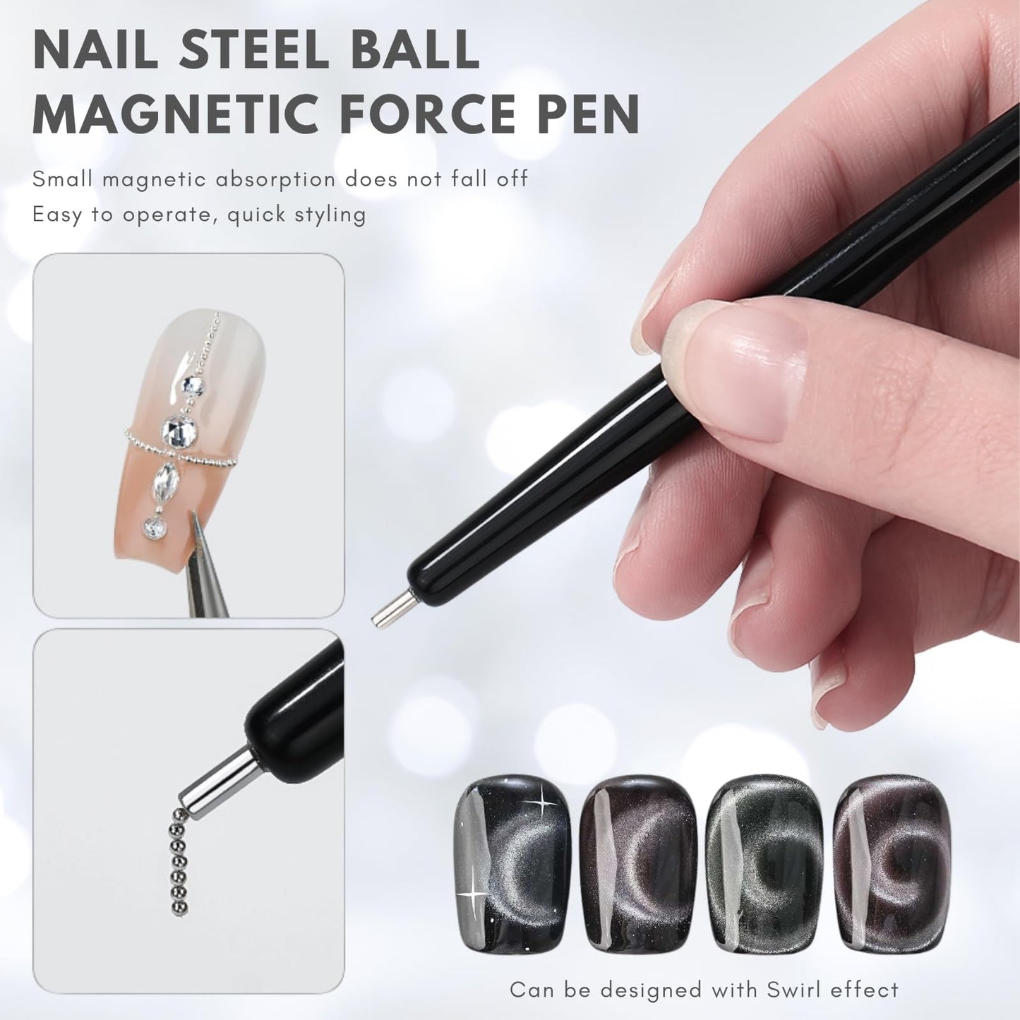 Nail Polish Magnet, 6-in-1 Cat Eye Magnet Kit for Nails, 3-in-1 Nail Polish Magnet Nail Art Tools with 5 Magic Design Plates, For Home DIY & Salon Use, Create Salon Looks Easily (Black)