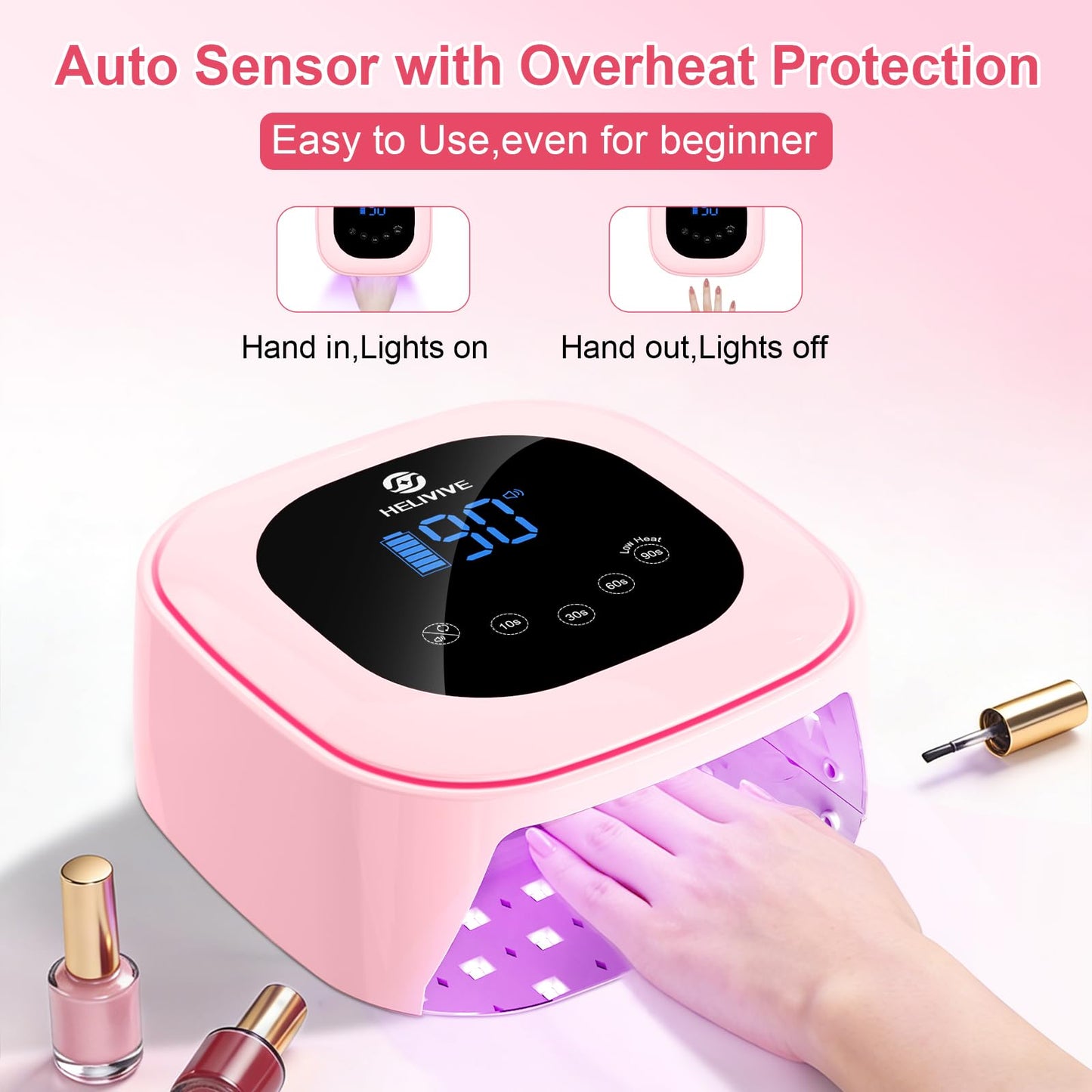 HELIVIVE Cordless UV LED Nail Lamp, 80W Rechargeable Nail Dryer with 4 Timers, Atmosphere Light & Mirror Base, UV Light for All Gel Nails, Ideal for Training,Nail Art Practice,Home & Salon Use (Pink)