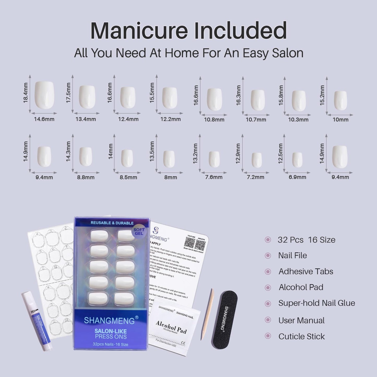 Pure White Press on Nails Short - SHANGMENG Soft Gel Square Press on Nails for Women Gift, Fit Perfectly & Natural Glue on Nails in 16 Sizes - 32 Reusable Fake Nails Kit with Glue, Classic White