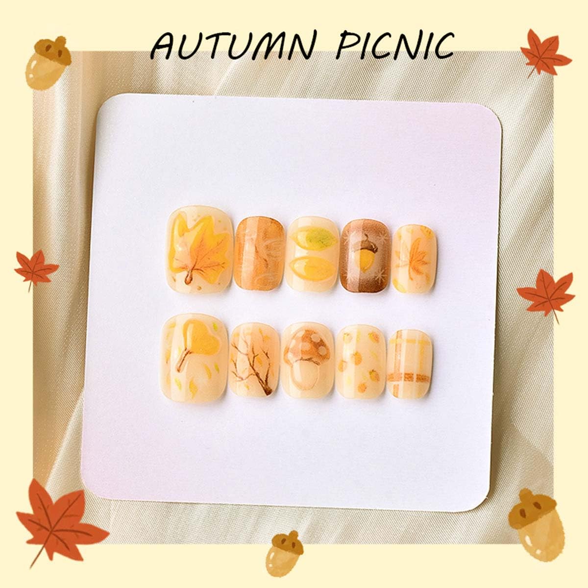 Fall Press on Nails Short Square Fake Nails Autumn Yellow Nails Press ons with Maples Mushroom Acorn Design,Reusable Artificial Nail Full Cover Glue on Nail Stick on Nails for Women Manicure 24 Pcs