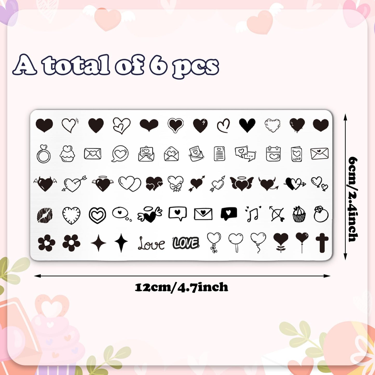 Whaline 6Pcs Valentine's Day Nail Plates Stamping Set Love Heart Stamp Templates Nail Art Plates for DIY Print Manicure Salon Design