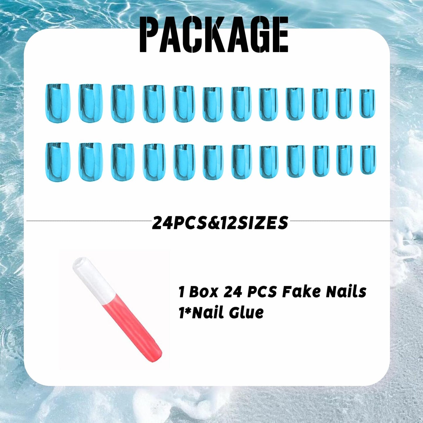 IMSOHOT Press on Nails Short Square Fake Nails Laser Blue Glossy Full Cover Chrome Metal Acrylic False Nails Stick on Nails for Women Girls 24Pcs Squoval DIY Nail Art