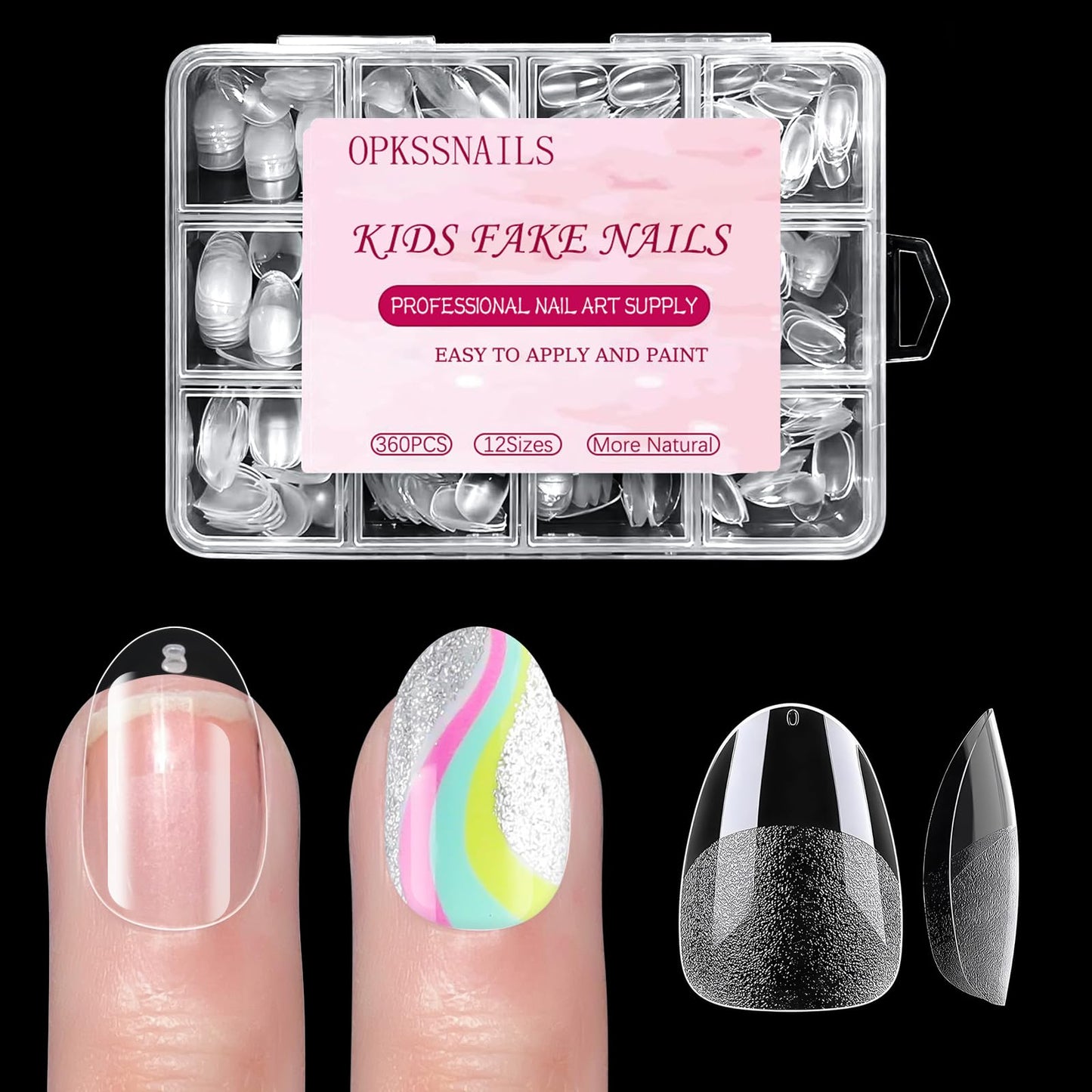 OPkssnails Short Kid Nail Tips,360Pcs Almond Soft Gel Nail Tips Pre-Shaped Press On Nails For Kids,Clear Acrylic Half Matte Full Cover Fake Nail For Kids DIY Extension & Salon Use12 Sizes