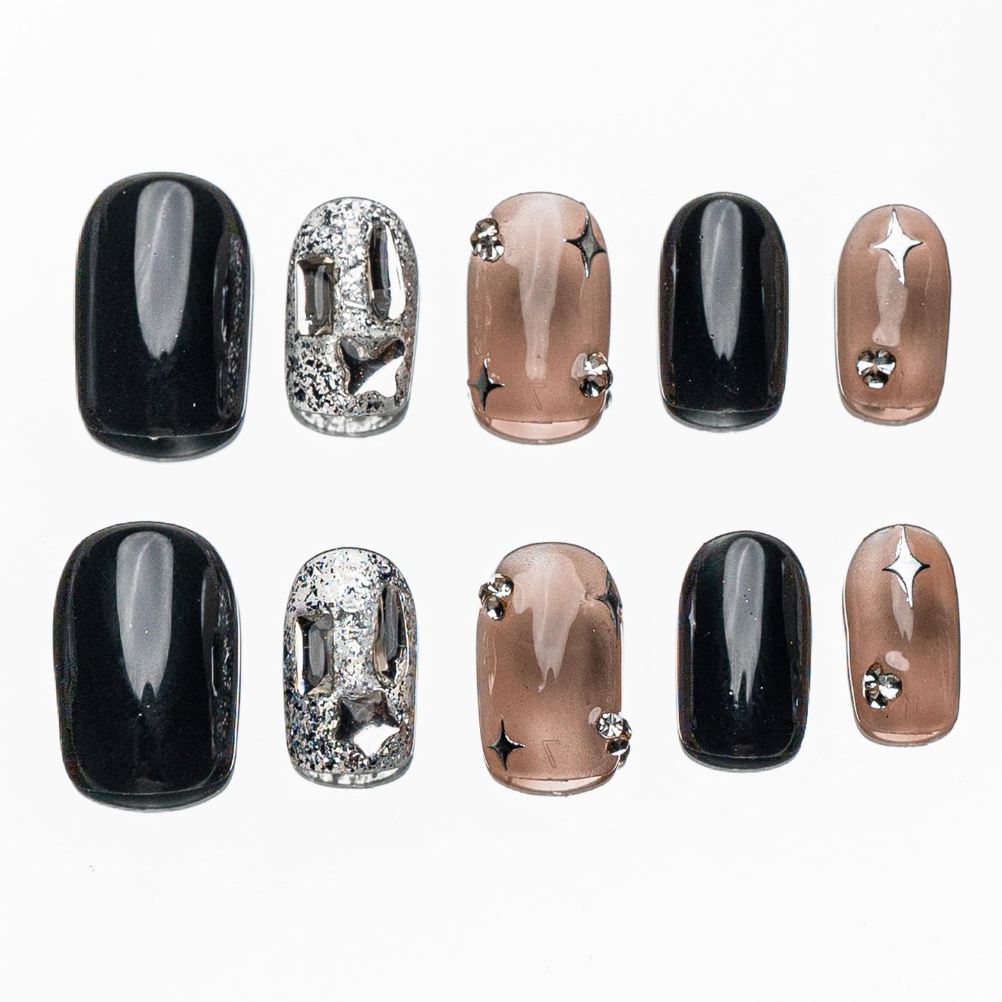 Sun&Beam Nails Handmade Press-on Short Squoval Round Black Silver Brown Rhinestone Star Y2K Design Fashion False Nail Tips 10 Pcs Set (#184 S)