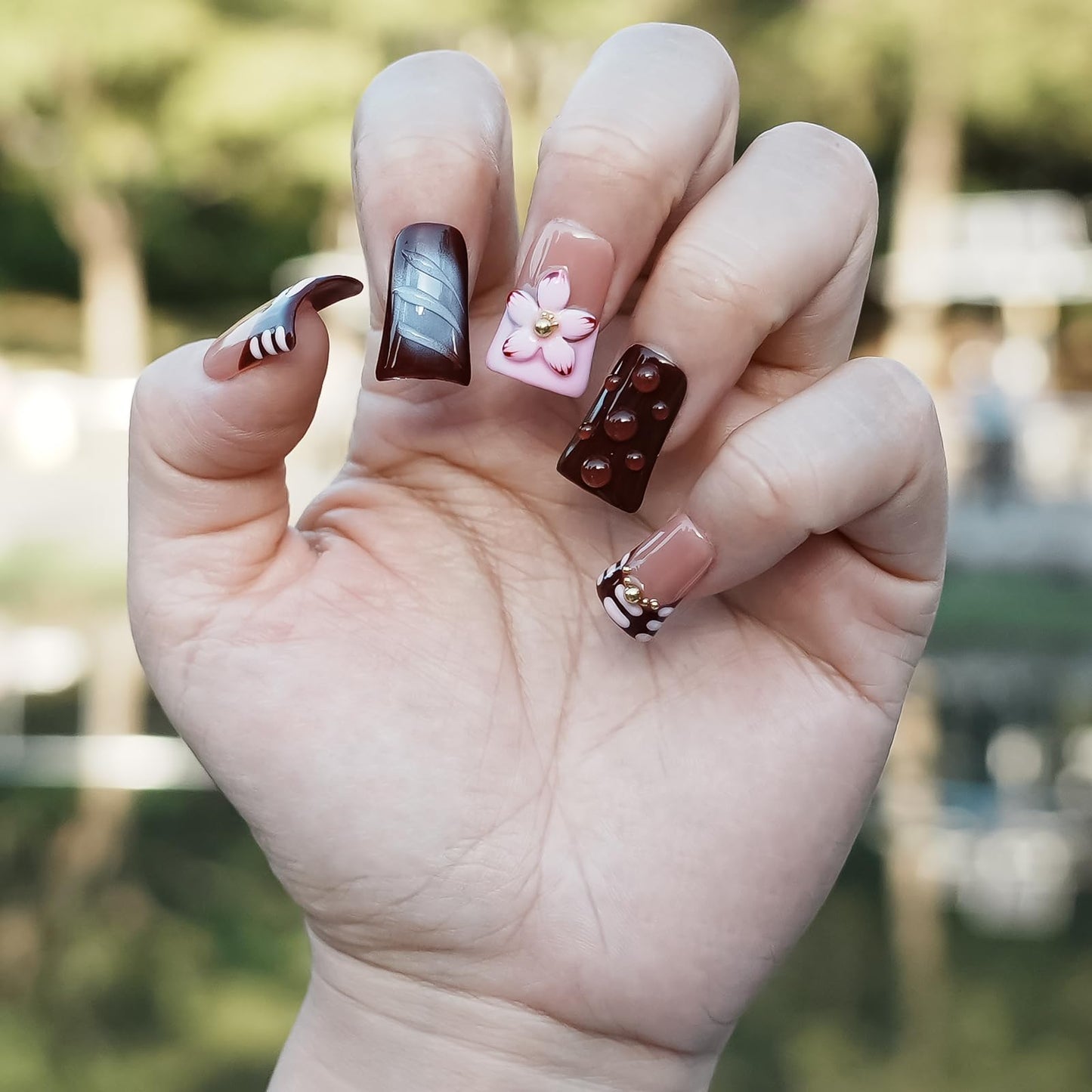 Tesytto Handmade Press on Nails Short Duck - Burgundy Nude Pink Ombre French Tip with 3D Cherry Flower & Y2K Gold Beads, Summer Reusable Acrylic Full Cover (Blush Mauve Flower Waltz, L)