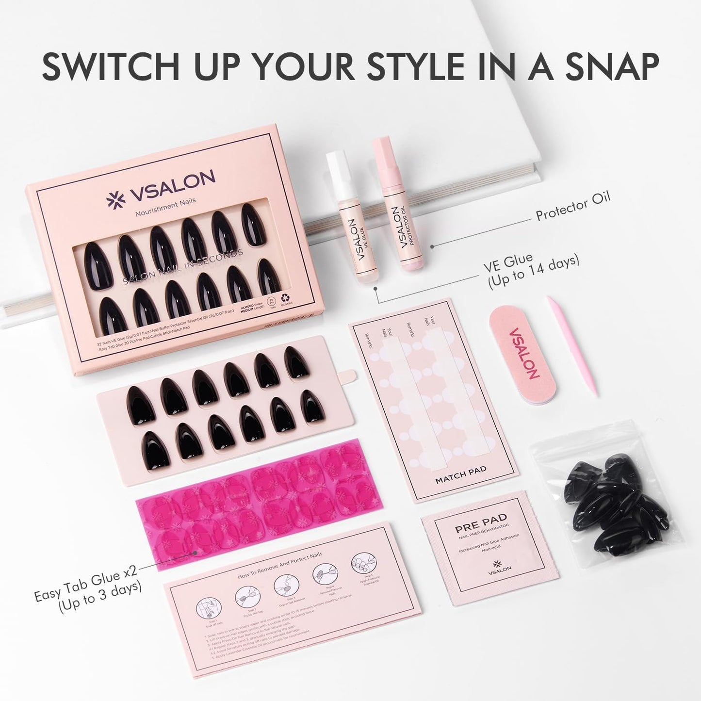 VSALON Almond Medium Press on Nails, Glossy Black Finish Clean Look Reusable False Nails, Salon Quality Gel Fake Nails Kit with Glue & Cuticle Oil - 32 pcs Nails in 16 Sizes