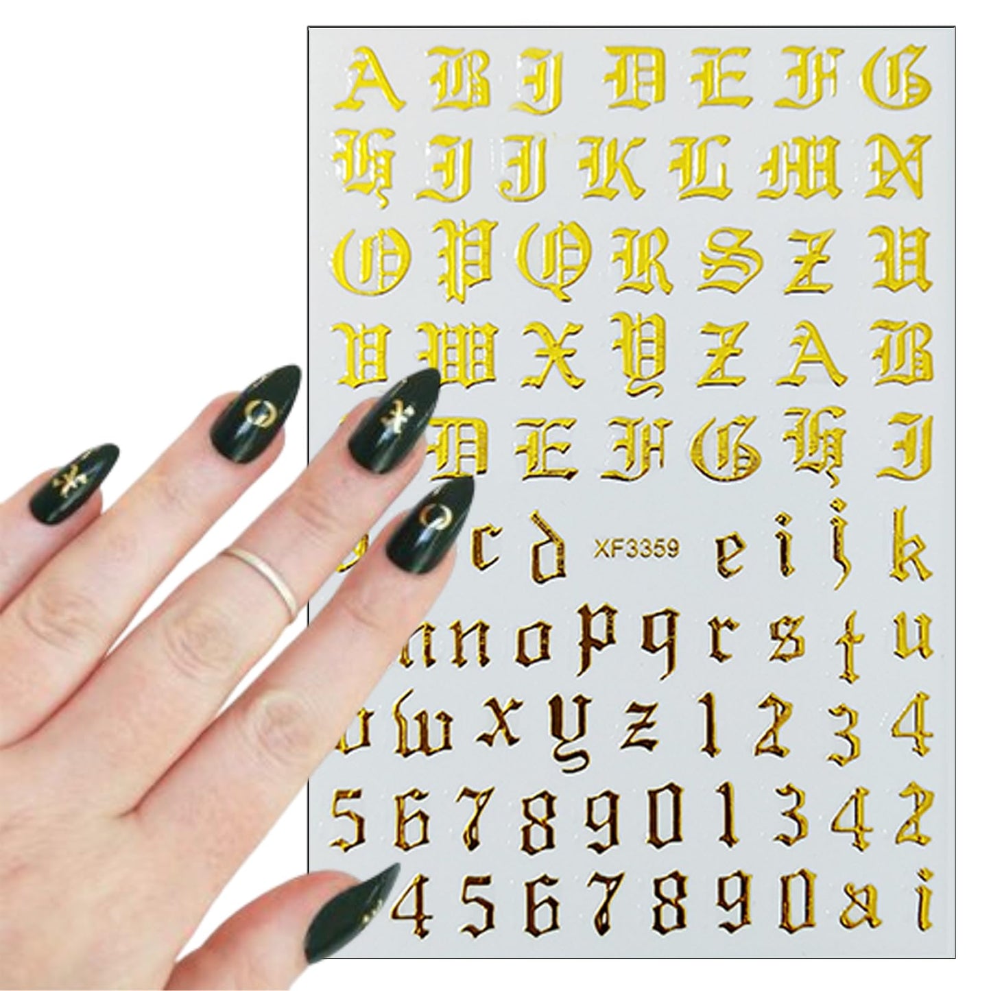 8 Sheets Old English Nail Sticker 3D Self-Adhesive Pegatinas Uñas Old Alphabet Nail Decals Gold Silver Black White Number Font Letters Metallic Holographic Alphabet Design Nail Art Supplies for Women