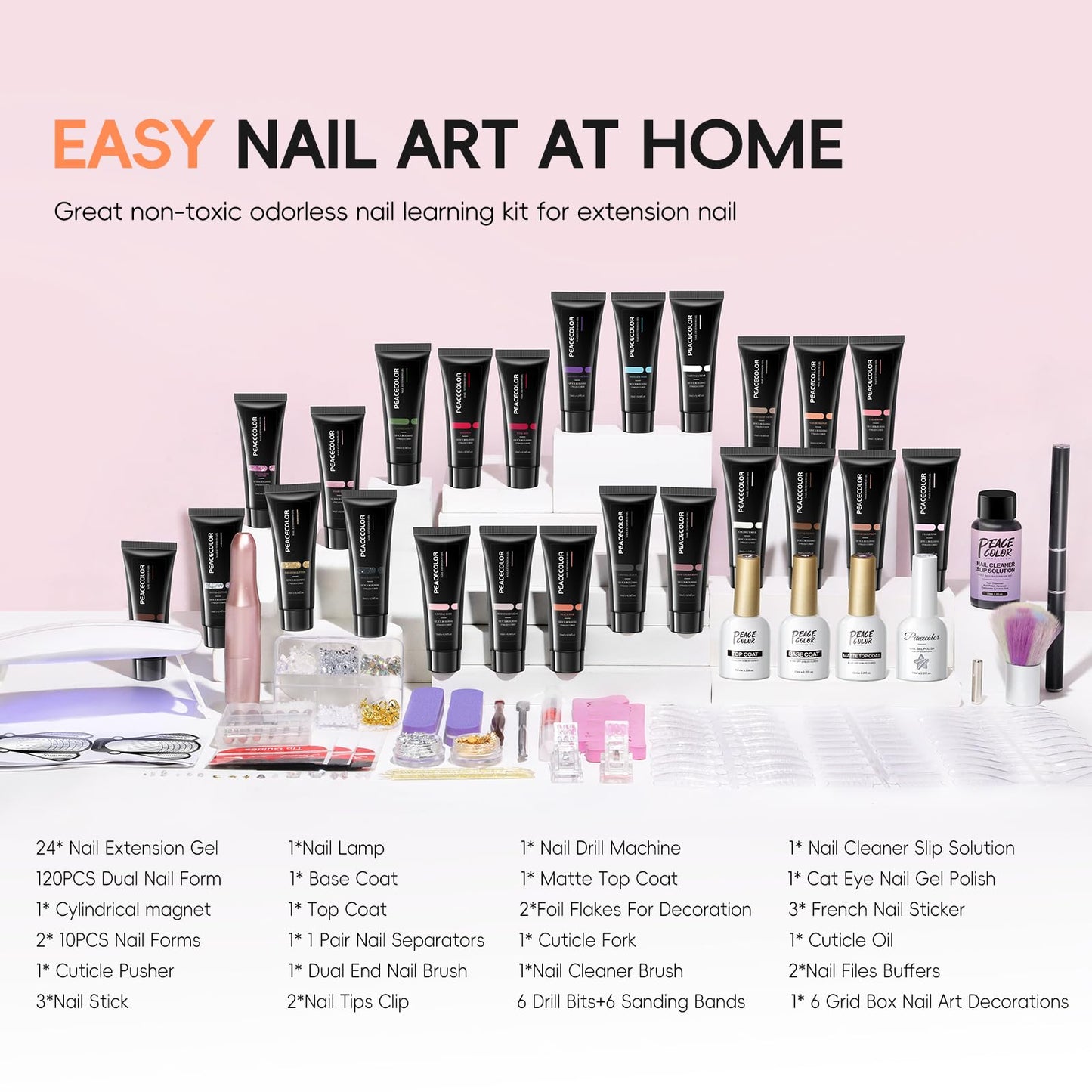 PEACECOLOR 52Pcs Poly Nail Gel Kit with Drill and U V Light 24 Colors Poly Nail Extension Gel with Cat Eye Nail Polish Glossy Matte Top Coat Nail Rhinestones Starter Kit Home Salon DIY Gifts for Women