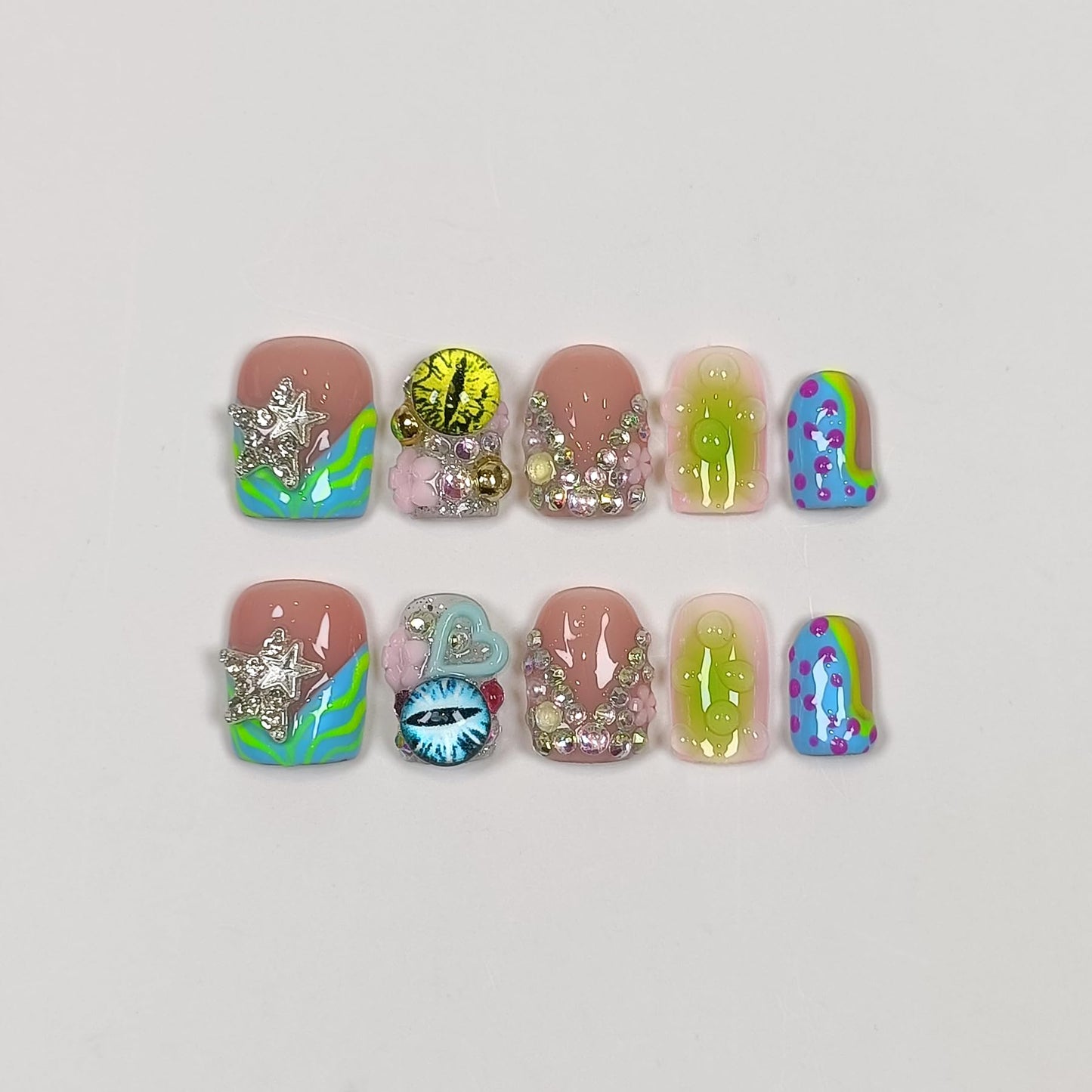 TENPAL V-Shape French Tips Square Nails,Acrylic Press on Nails with 10pcs Kit,Sweet Edgy Y2K Hand-Painted Art False Nails,Neon Yellow-Green Fake Nails with 3D Stars, Hearts, Rhinestones Flowers(M)