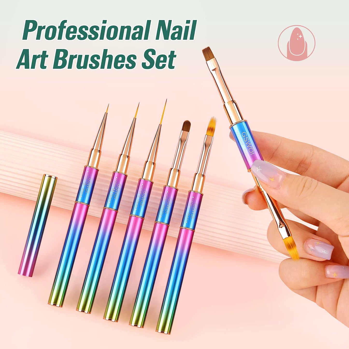 GSWOI Acrylic Nail Art Brushes Set,5PCS Nail Brushes for Nail Art Round Oval Gel Builder Brush Nail Art Tools Nail Liner Brush,Nail Design Brush for Gel Polish Painting Acrylic Nail Drawing Pens