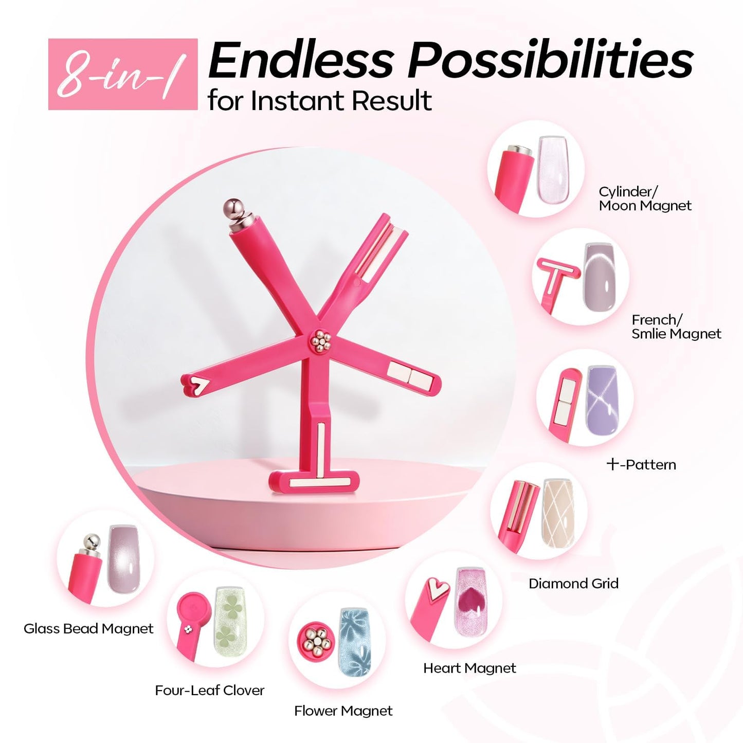 Modelones Cat Eye Gel Polish Nail Magnet, 8-in-1 Cat Eye Magnet Tool for Gel Nails Strong Magnetic Nail Art Wand with Steel Ball, Glass Bead& French Tip&Clover Cateye Multi-Effect Magnets DIY Salon