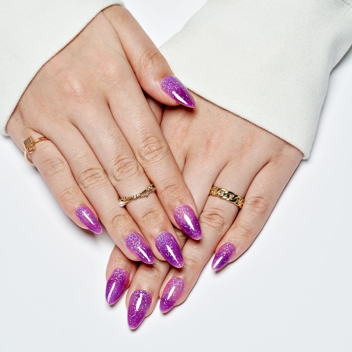 GLAMERMAID Hamdmade Thermo Press on Nails Gel Medium Almond, Glitter Purple Pink Ombre Fake Nails Short Stiletto, Pink Golden Glitter Galaxy Fake Nails Shinny Short Stiletto Shimmer Acrylic False Nail