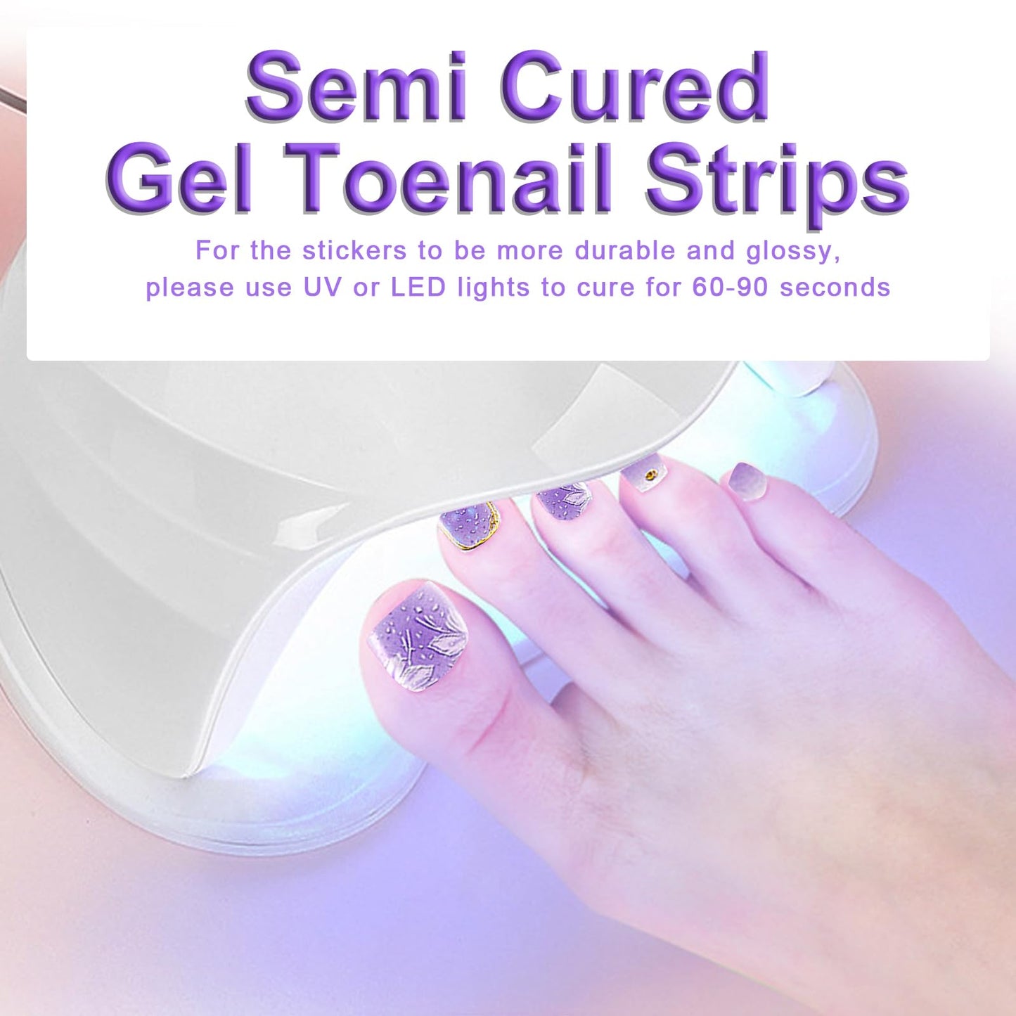 XEAOHESY 26pcs Semi Cured Gel Toe Nail Strips, Pedicure Nail Strips, Toe Nail Stickers, Needs to Be Cured, Come With Nail File, Wood Cuticle Stick, Plastic Press Stick（Purple+Flower）