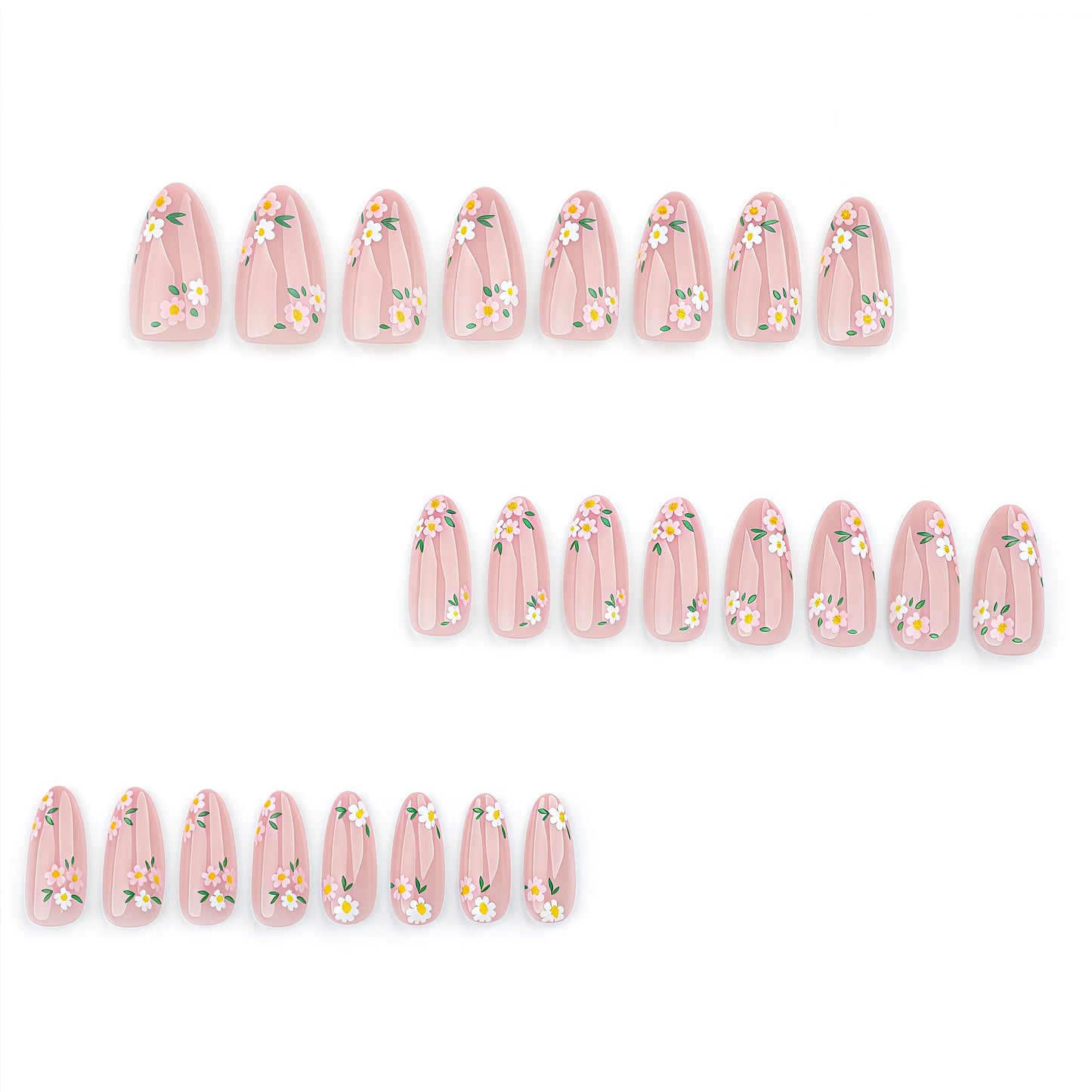 24Pcs Flower Press on Nails Medium Almond with Daisy Flower French Tip Nude Pink Design Full Cover Floral Acrylic Artificial Fake Nails for Women Girls Spring Summer Manicure Decoration