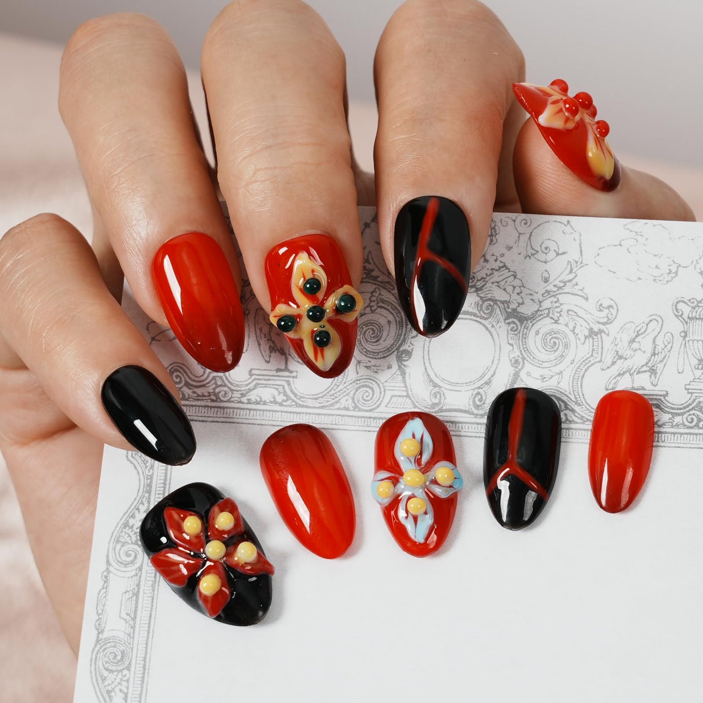 Tesytto Press on Nails 3D Floral, 10Pcs Handmade Short Almond Fake Nails Red & Black, 3D Carved Flowers Design Reusable Stick on Nail Tips for Women, Salon Quality (Crimson Flame Shadow,M)
