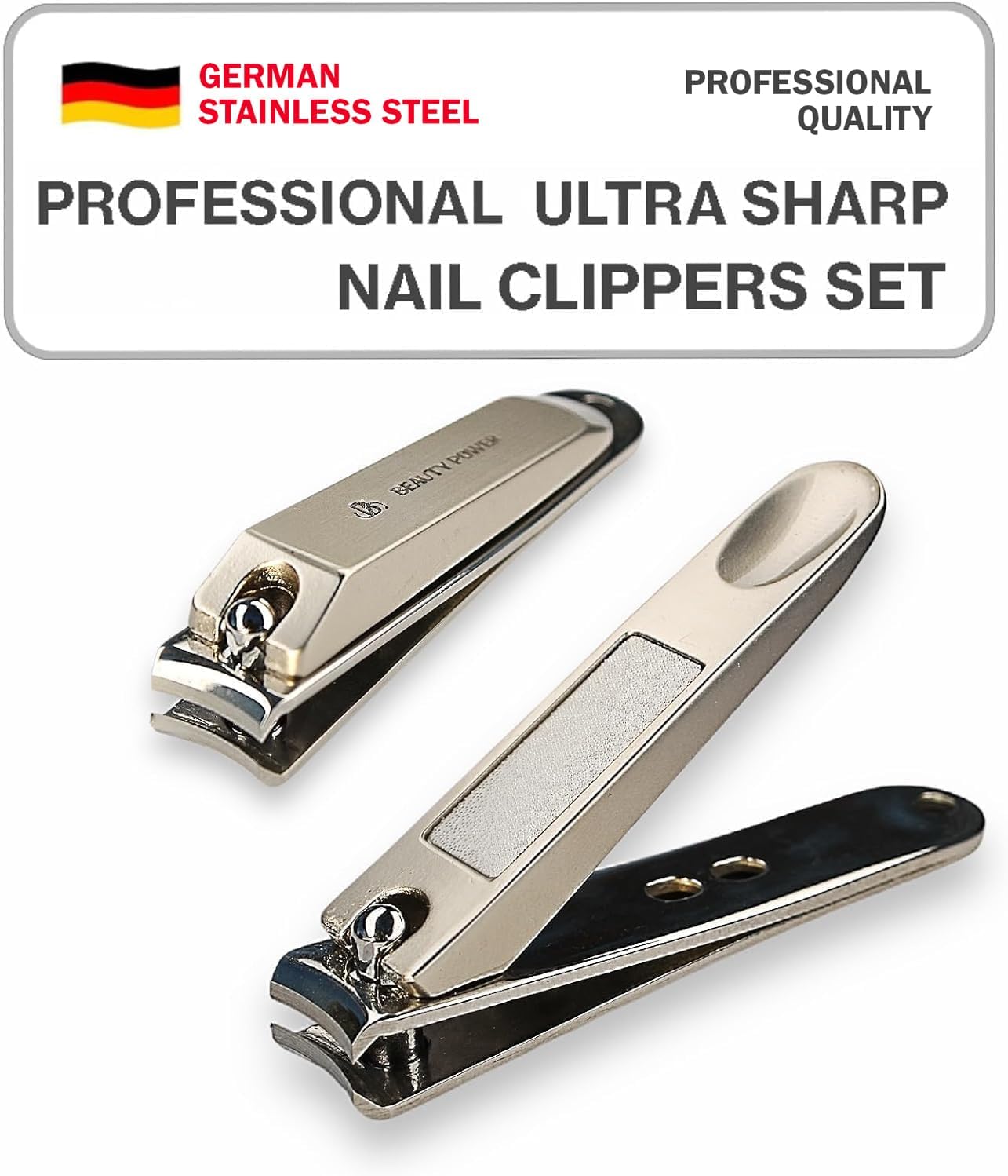 Beauty Power Nail Clippers Set 3 in 1 - Stainless Steel Toe Nail Clippers, Fingernail Clipper, Glass Nail File, Anti Splash, Ergonomic Grip in Black PU Leather Travel Case for Men & Women - Gift Idea