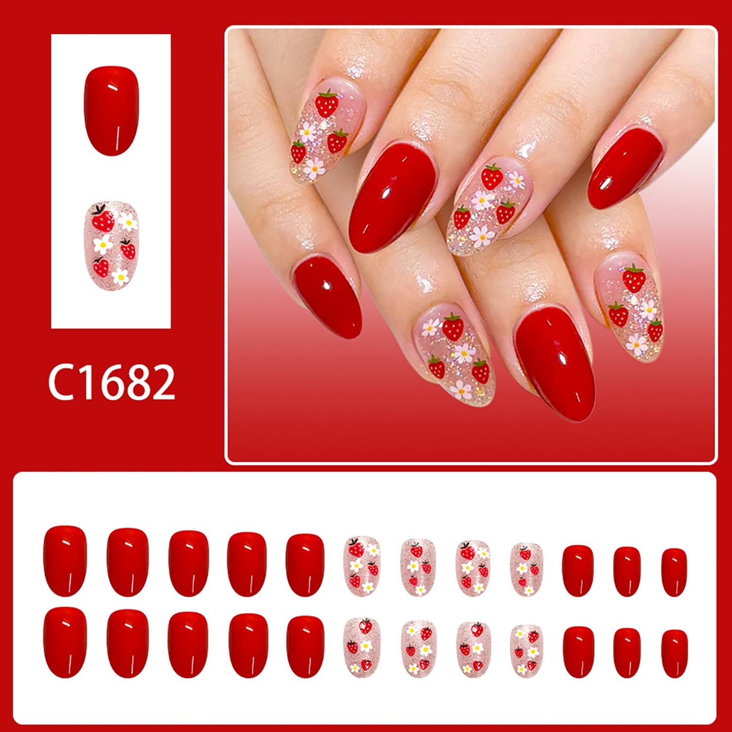 Medium Almond False Nails Red Acrylic Press on Nails Flower Strawberry Glitter Fake Nails Full Cover Stick on Nails for Women Manicure Decoration 24Pcs