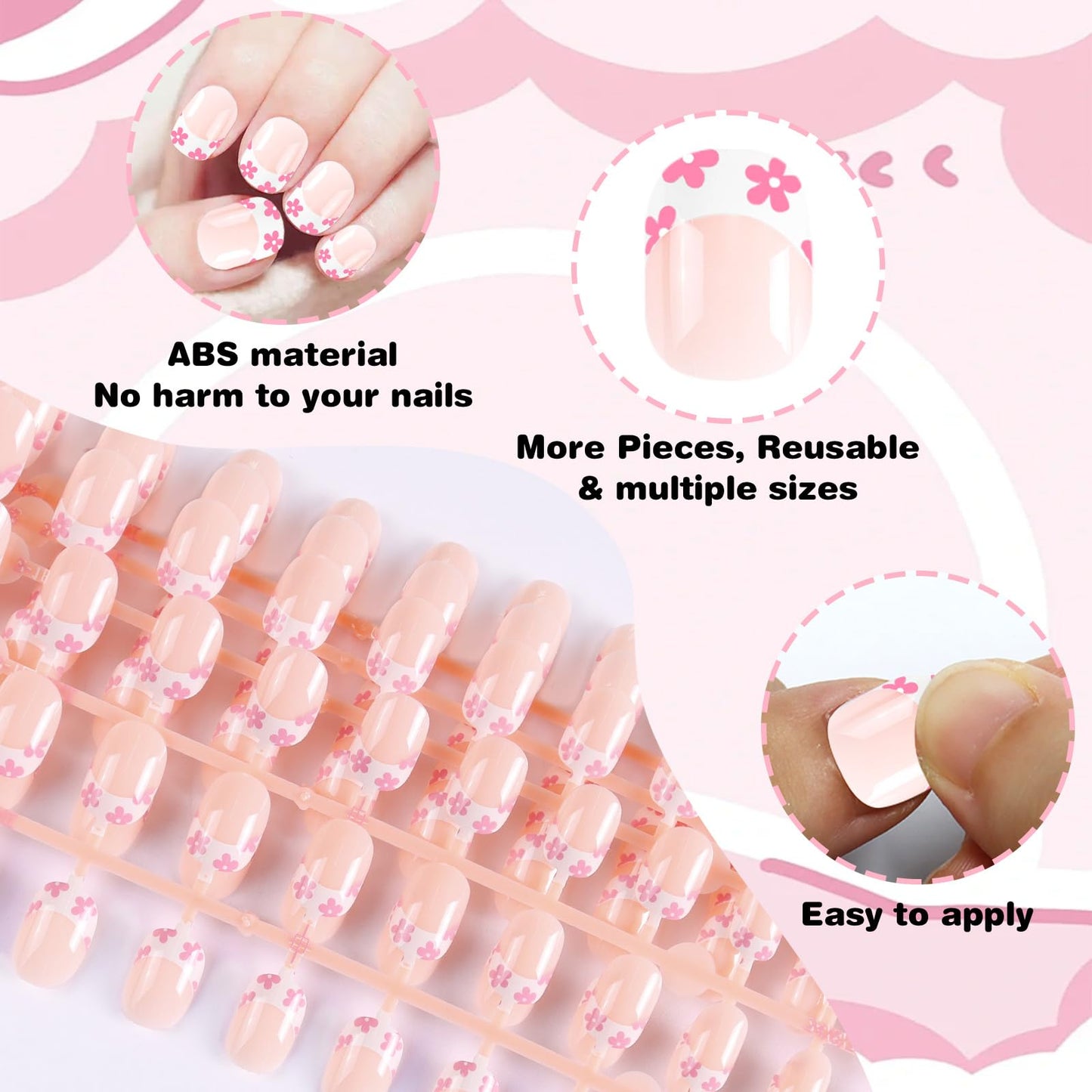 SIUSIO 120pcs 5 Pack Children Acrylic Fake Nails Press on Full Cover Short False Nail Art Kits Set Surprise Gift for Kids Little Girls Women - Pink Flowers